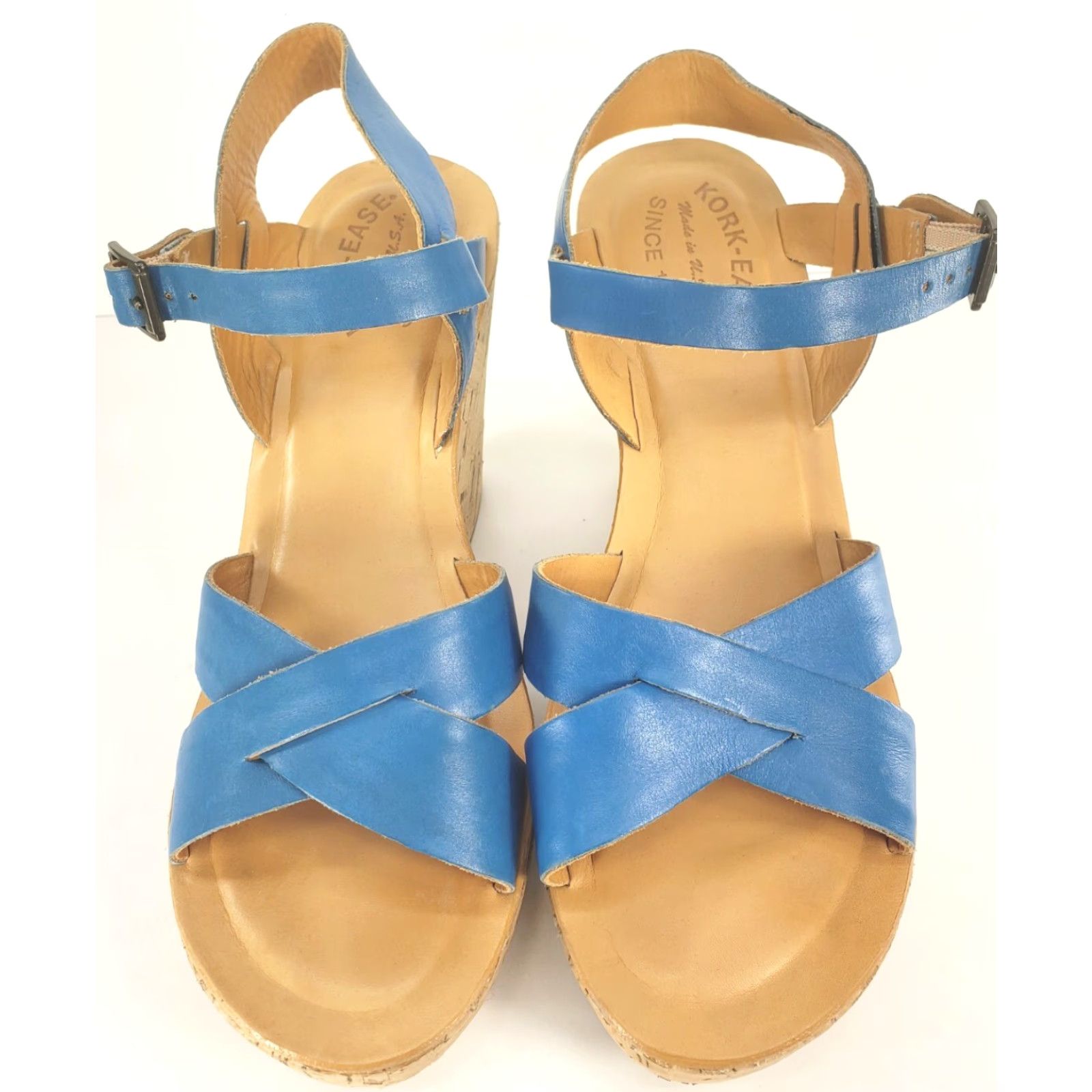 Vintage Kork-Ease Sandal Women's 9 Leather Crossover Slingback Cork Wedge Blue Buckle Sl ним Size US 9 / IT 39 - 3 Thumbnail