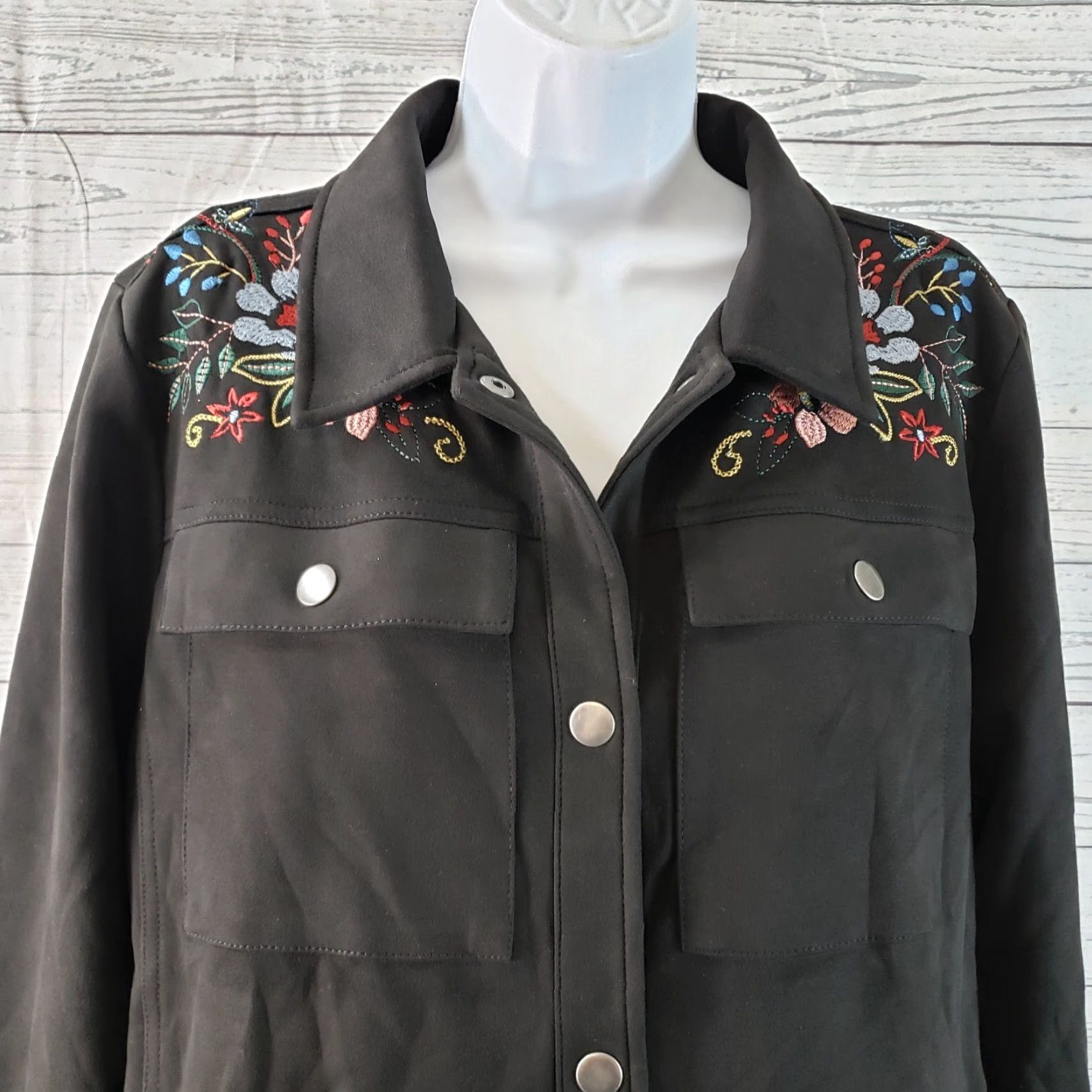 Vintage Laurie Felt Womens Embroidered Jacket XL Black Red Floral Snap Buttons Size XL / US 12-14 / IT 48-50 - 2 Thumbnail
