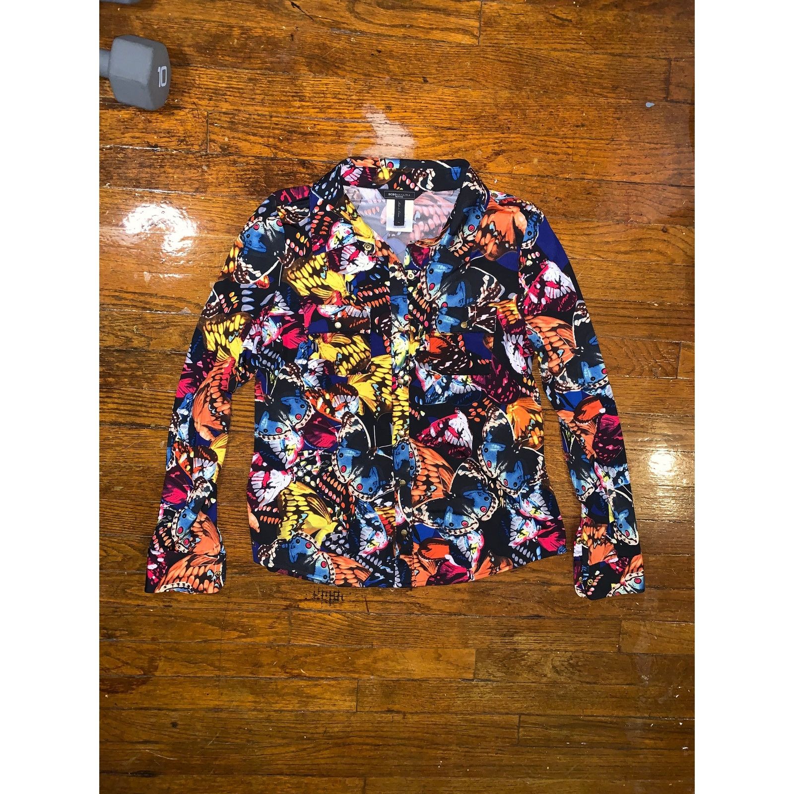 Bcbgmaxazria BCBG Max Azria Butterfly Print Button Down Petites Large Y2K Size L / US 10 / IT 46 - 9 Thumbnail