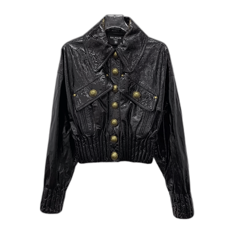 Balmain Black Leather Long Sleeve Jacket