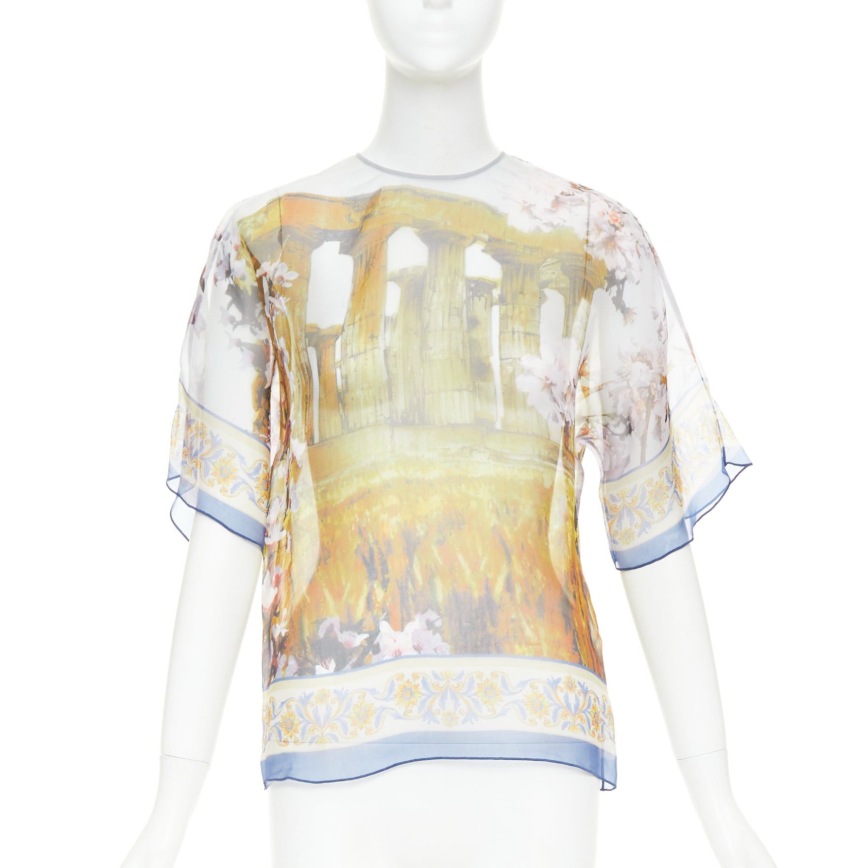 DOLCE GABBANA 100% silk sheer Rome Ruins floral print keyhole top IT36 XXS