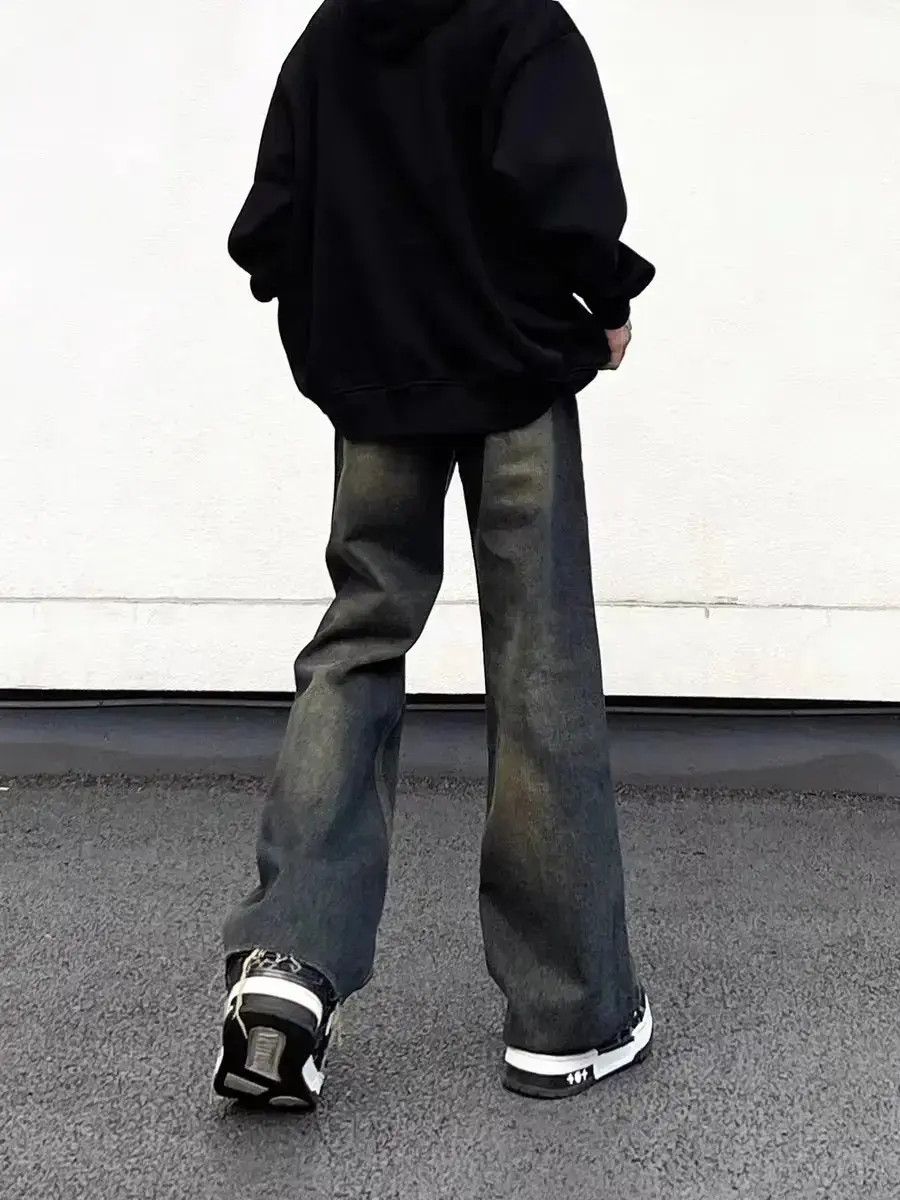 Vintage washed draped hip-hop straight-leg jeans