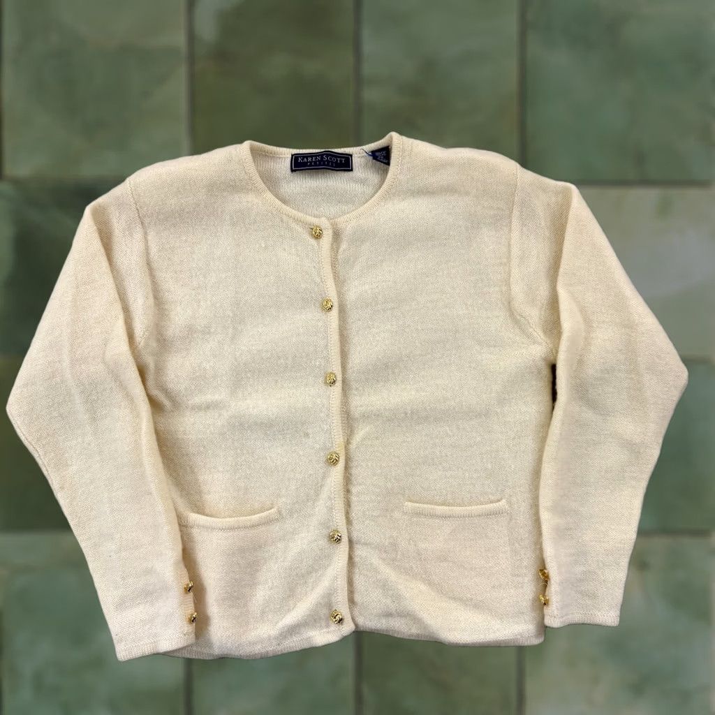 Vintage Karen Scott Cardigan Sweater Women’s PS Petite Ivory Cream Long Sleeve Floral Knit WoolButton Embroidered Vintage Size S / US 4 / IT 40 - 1 Thumbnail