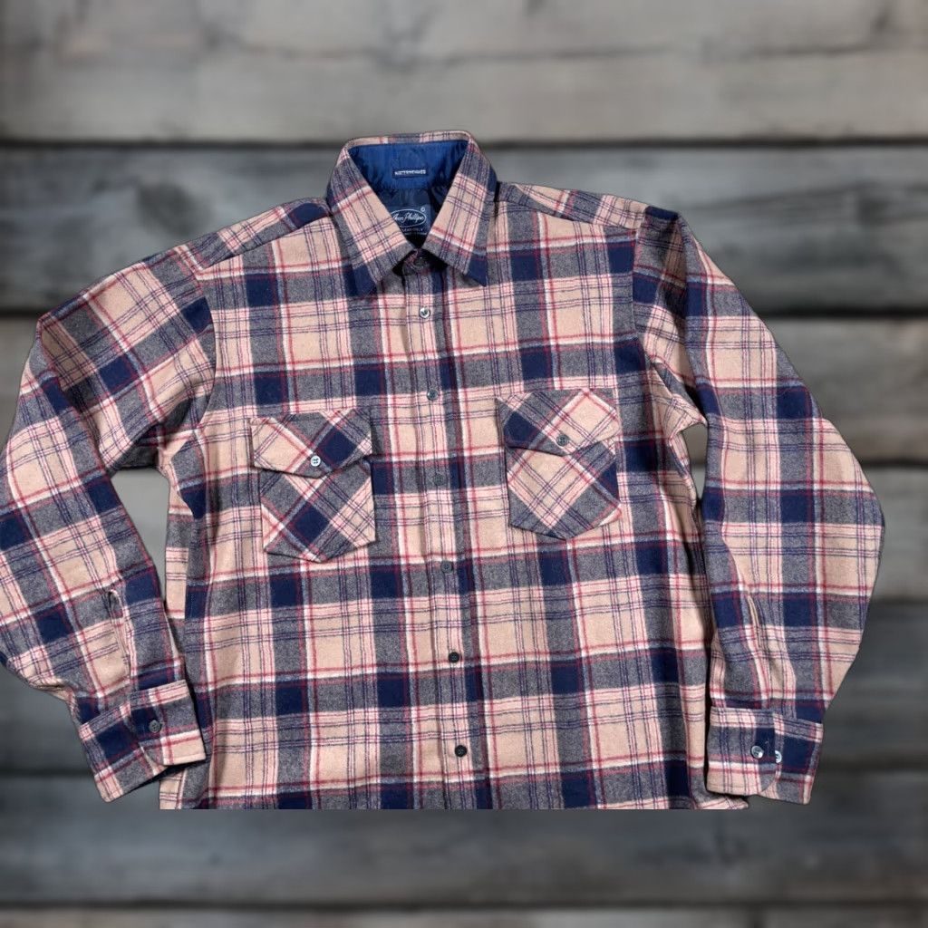 Vintage Jean Phillipe Wool Flannel Shirt Large Beige Blue Plaid Button-Up Long Sleeve Casual Mens Size US L / EU 52-54 / 3 - 1 Thumbnail
