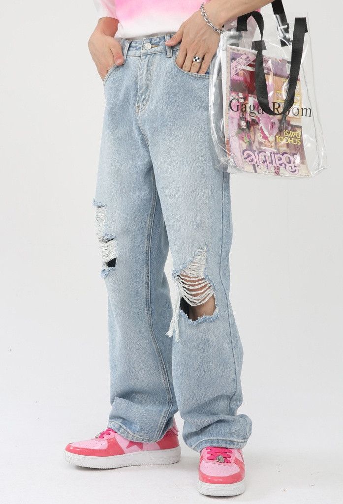 Designer × Japanese Brand Men's loose washed straight ripped jeans Size US 32 / EU 48 - 2 Thumbnail