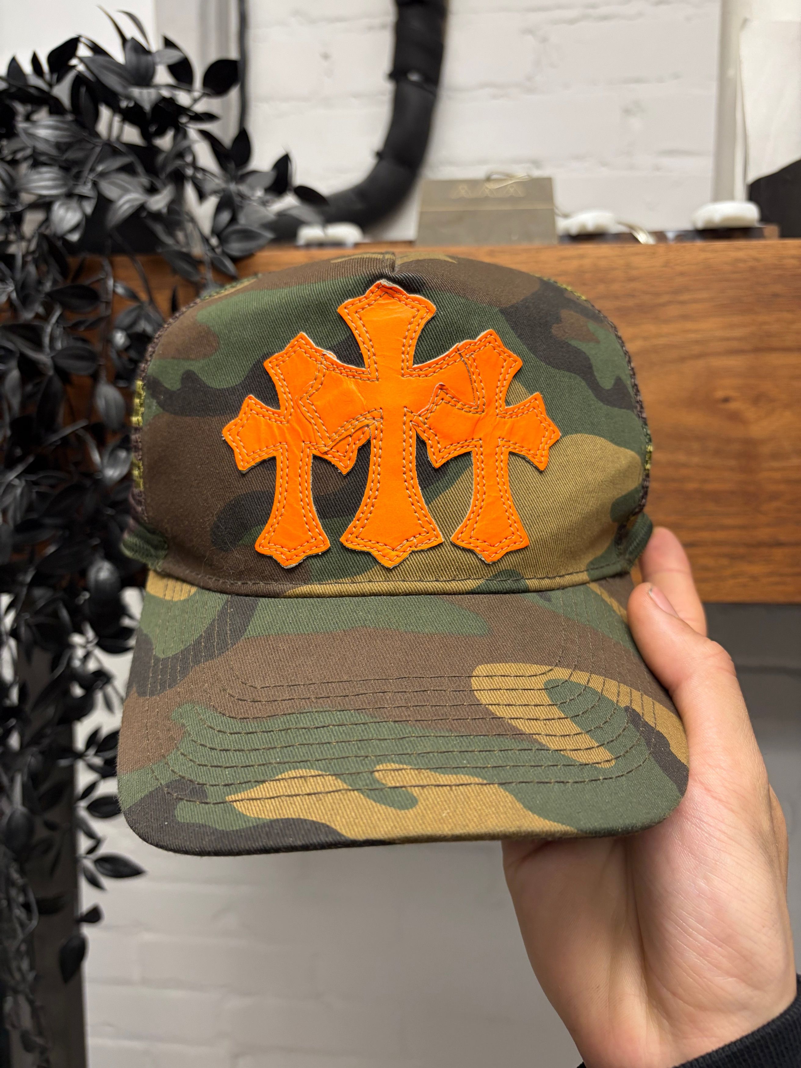 Chrome Hearts Chrome Hearts Orange ‘Cemetery’ Leather Cross Patch Camo Trucker Hat Size ONE SIZE - 1 Thumbnail