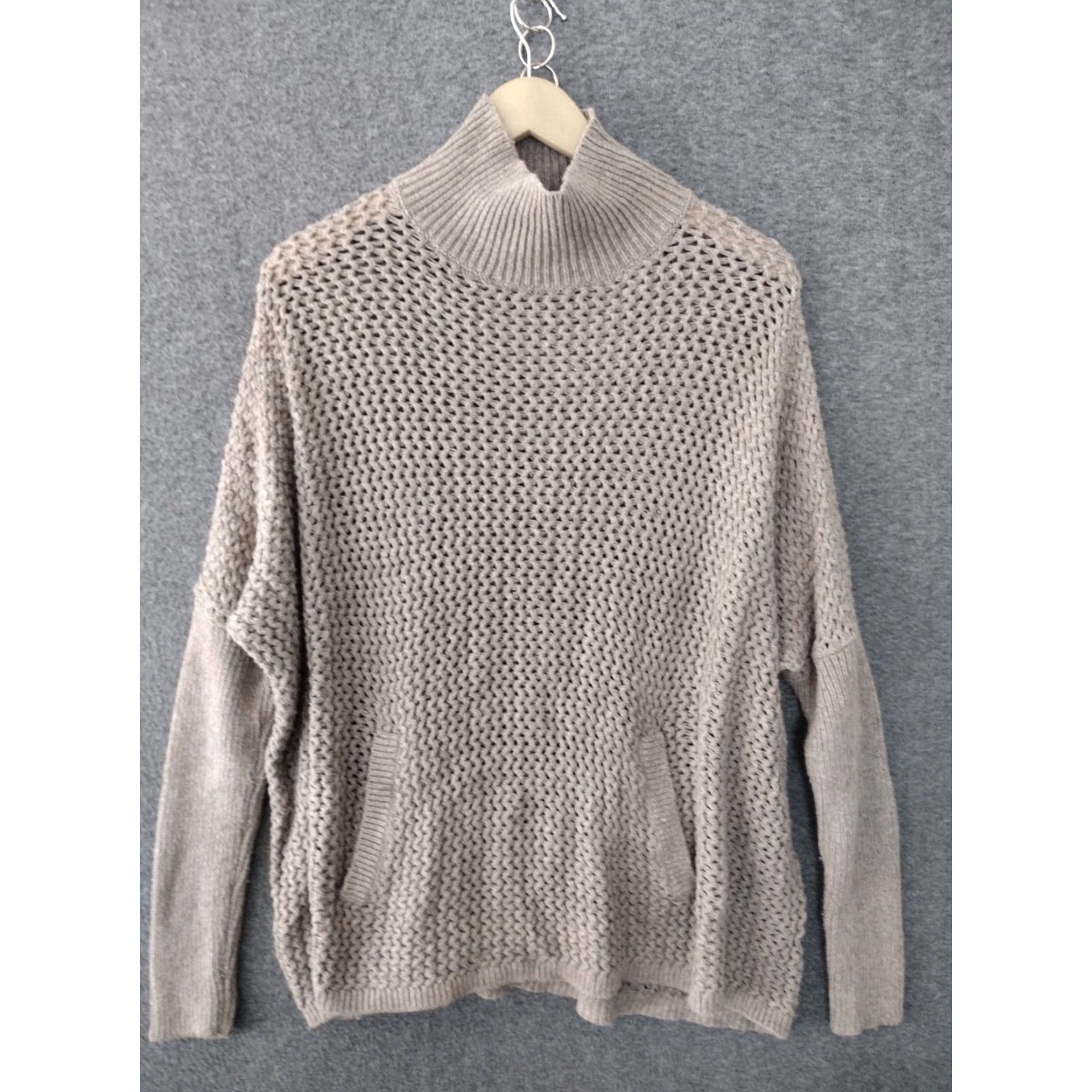 Loft LOFT Ann Taylor Beige Turtleneck Sweater Kangaroo Pocket Shirt Womens S Pullover Open-Knit Knit Solid Fall Winter Cozy Comfort Size S / US 4 / IT 40 - 2 Thumbnail