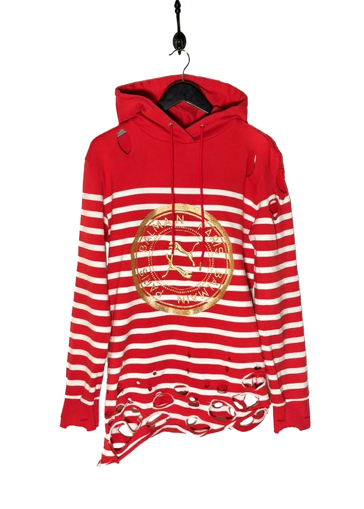 Balmain × Puma Balmain X Puma Red Striped Embroidered Distressed Hoodie Size US S / EU 44-46 / 1 - 1 Thumbnail