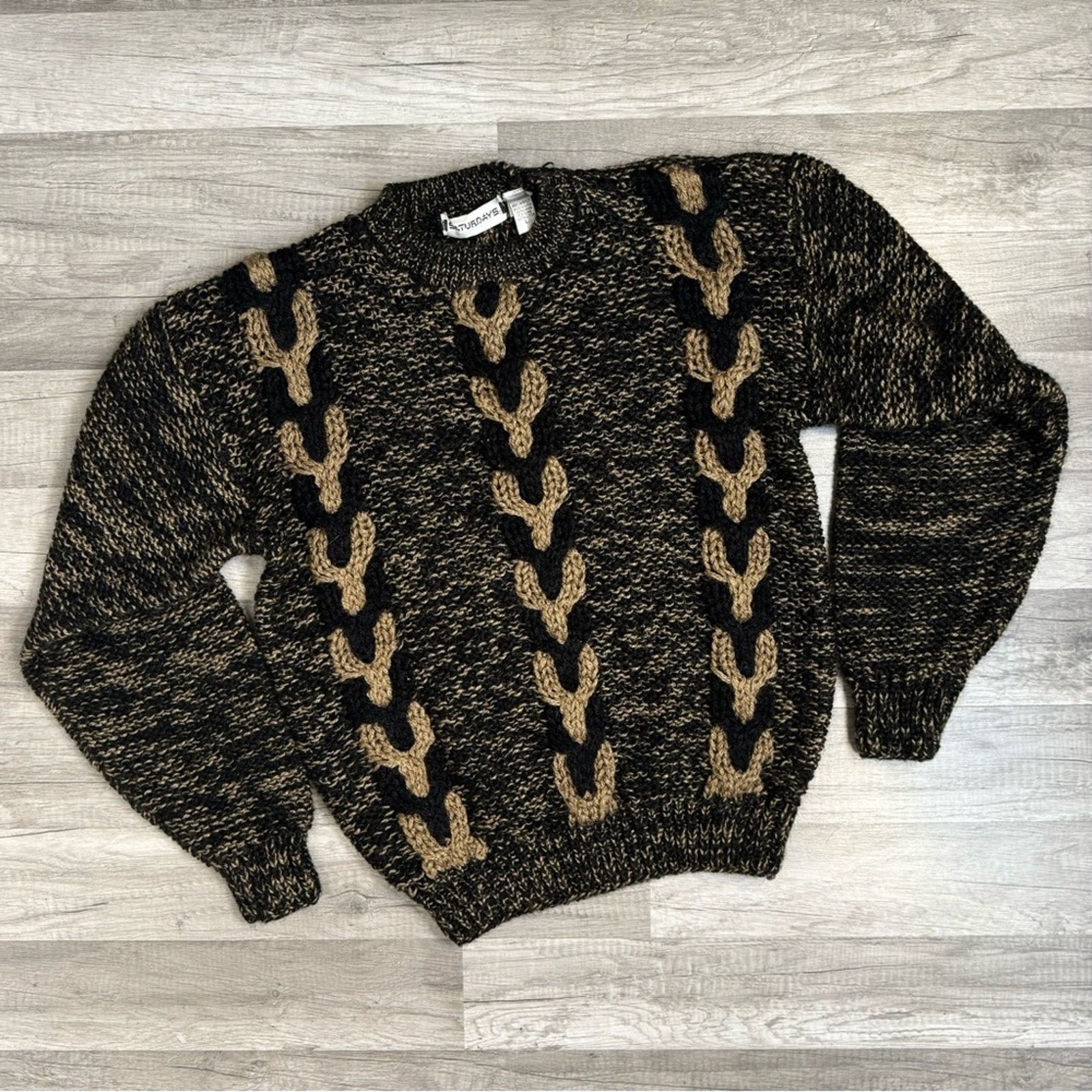 Vintage Vintage 90s 3D Knit Sweater Brown Black Geometric Pattern Size US L / EU 52-54 / 3 - 6 Thumbnail