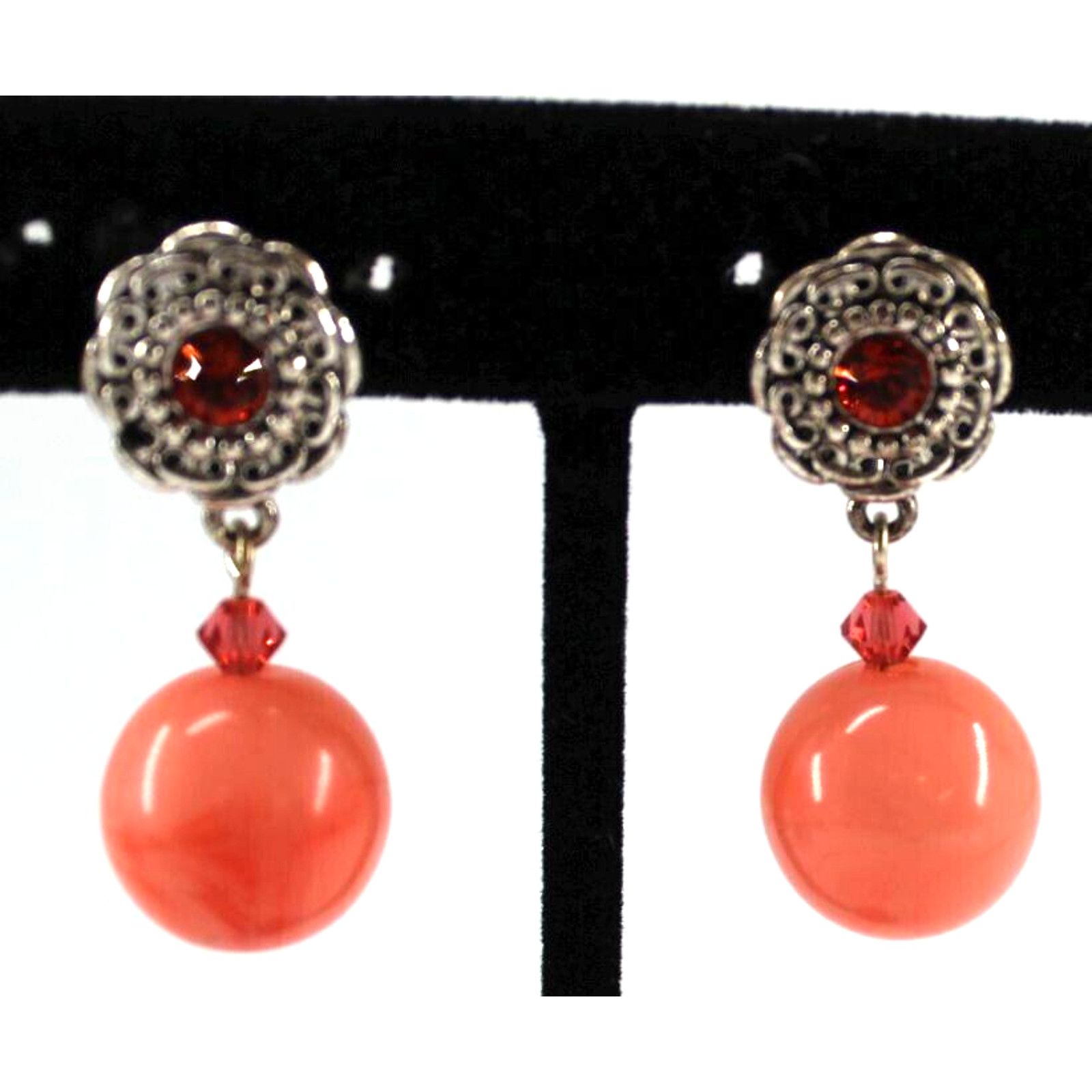 Other Orange Ball Earrings • Rhinestone Flower • Post • 1.25" Size ONE SIZE - 2 Thumbnail