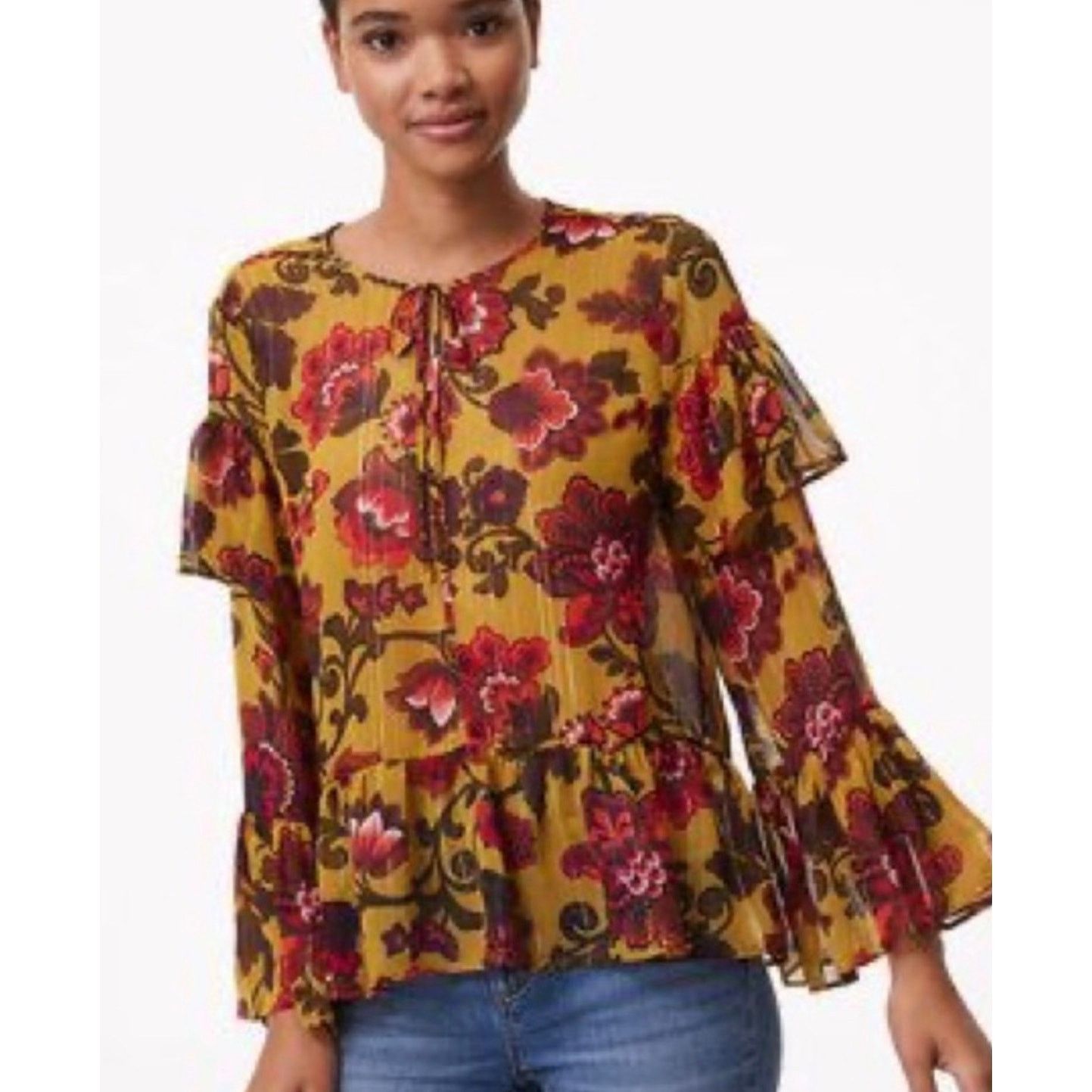 Loft Loft Women's Woodland Bell Sleeve Yellow Floral Sheer XXS Size XXS / US 00 / IT 34 - 1 Thumbnail
