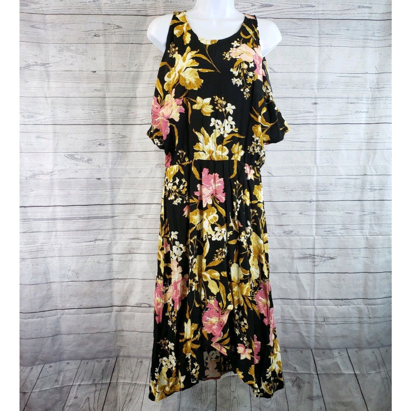 Vintage VINTAGE Leith Womens Dress Maxi Short Sleeve Black Pink Floral Cold Shoulder Rayon M Women's 45" Length 23" Width Size M / US 6-8 / IT 42-44 - 2 Thumbnail