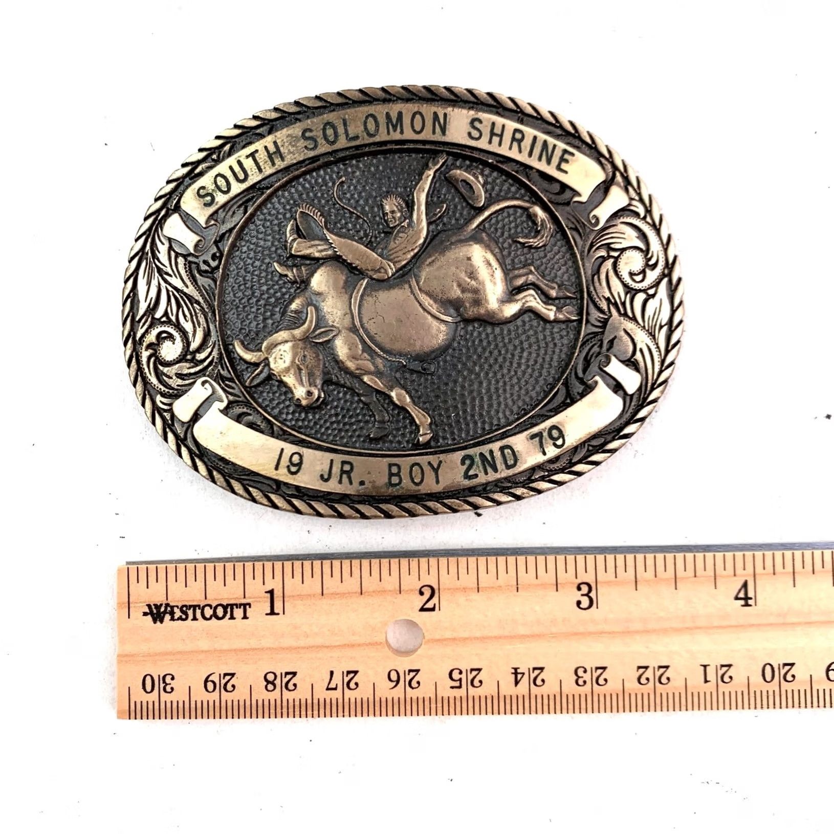 Vintage VINTAGE Award Design South Solomon Shrine 1979 Rodeo Bull Rider Solid Brass Belt Buckle Mens Brass 1970s Rodeo Cowboys Buckle Size ONE SIZE - 4 Thumbnail
