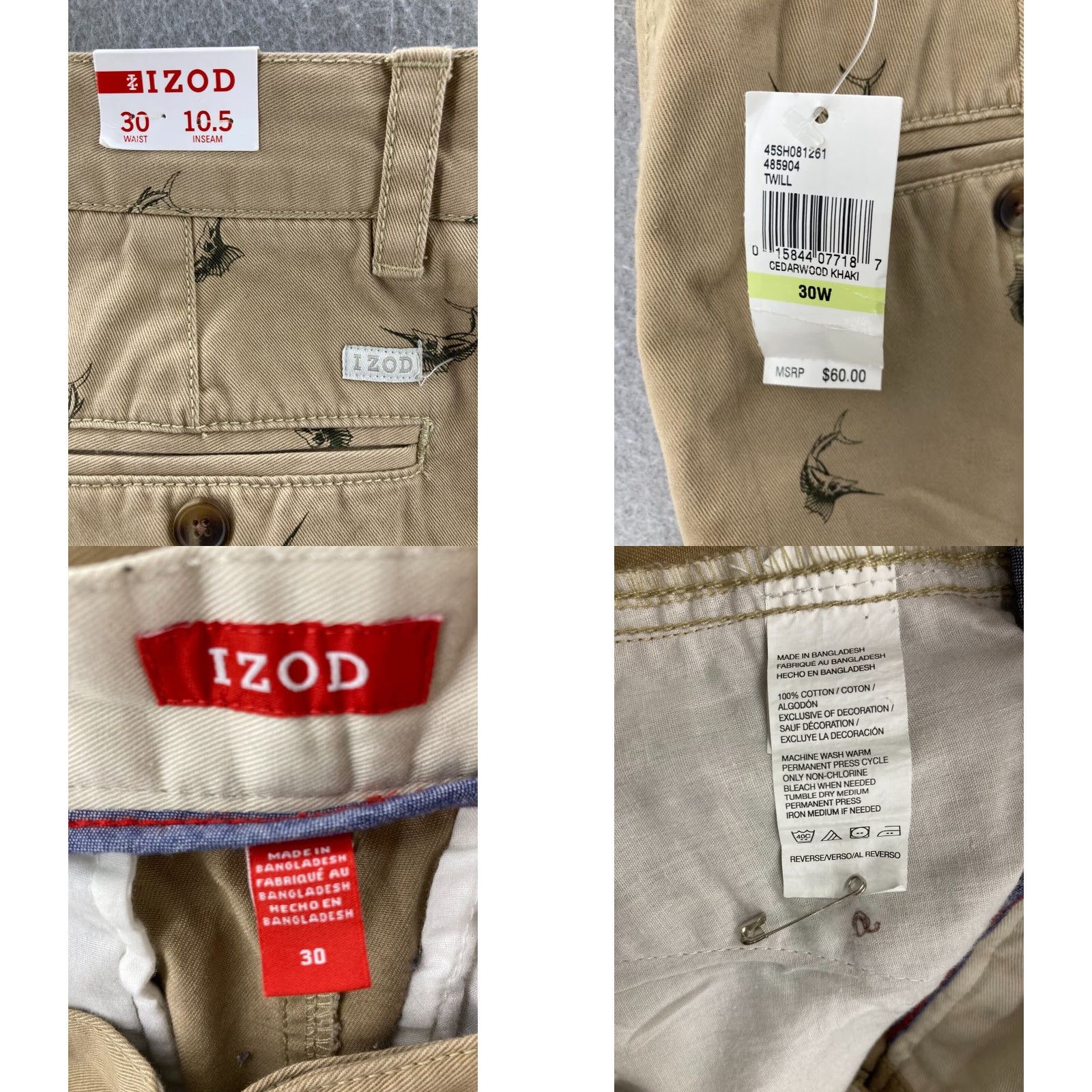 Izod IZOD Shorts Mens 30 x 10.5 Inseam Khaki Cotton Marlin Print NWT Beige Chino Casual 30 Inseam Mens IZOD Shorts Size US 30 / EU 46 - 8 Thumbnail