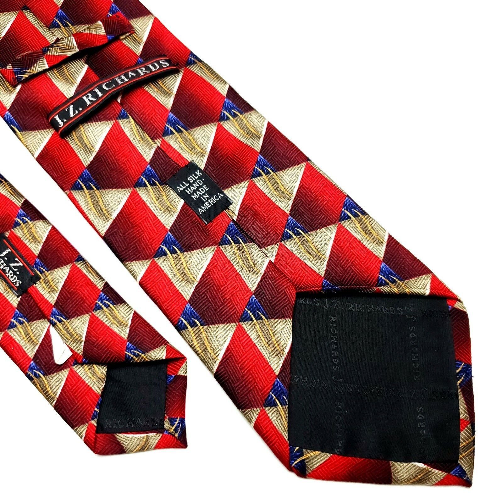 Designer JZ Richards Silk Tie Print Red Geometric Wide Hand Made Size ONE SIZE - 6 Thumbnail