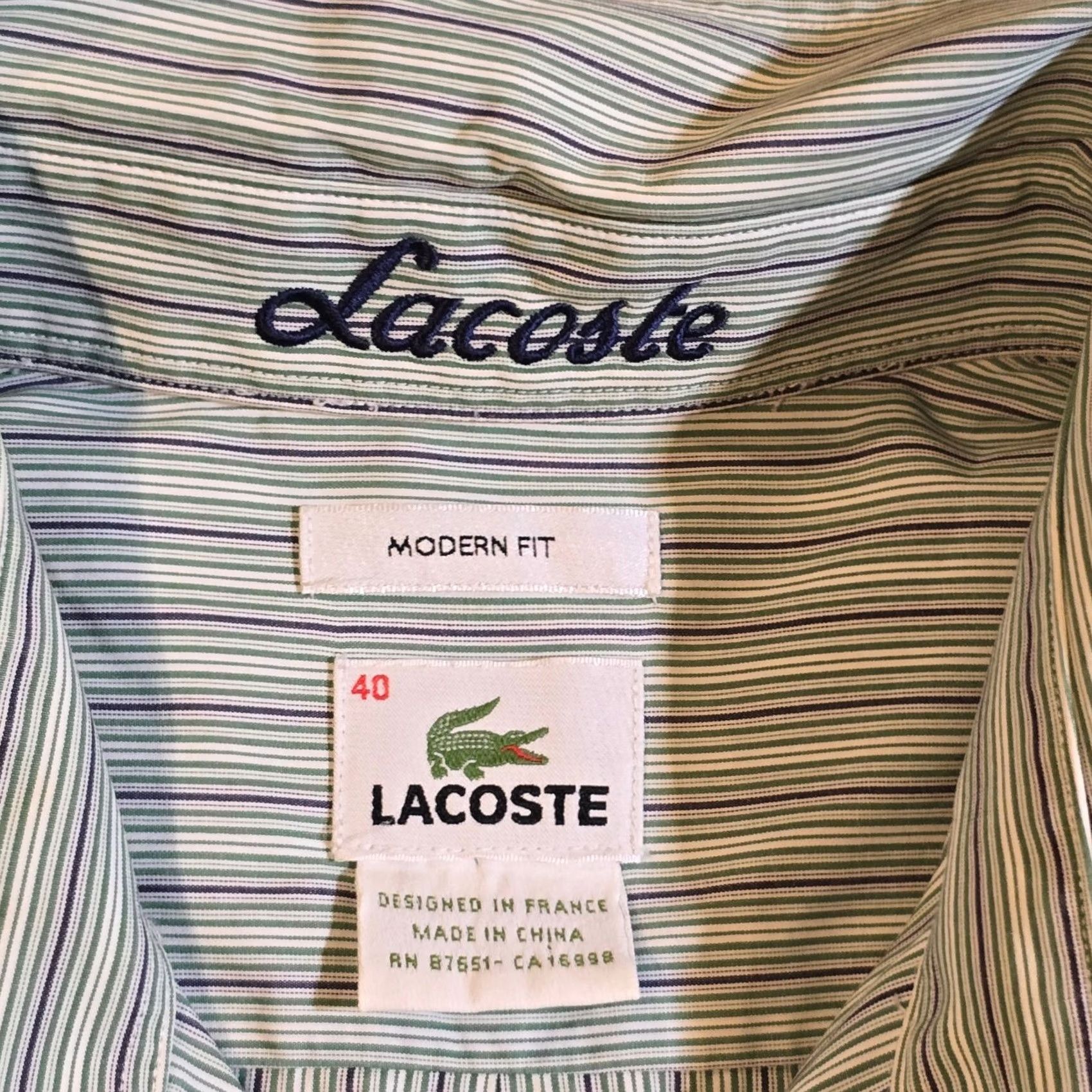 Lacoste Lacoste Shirt Mens 40 Green Striped Button Front Long Sleeve Logo Classic Preppy Colorful Designer World Size US L / EU 52-54 / 3 - 3 Thumbnail