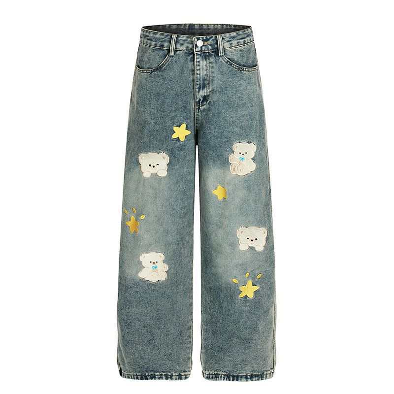 Jean Men's distressed straight star bear embroidery jeans Size US 32 / EU 48 - 1 Thumbnail