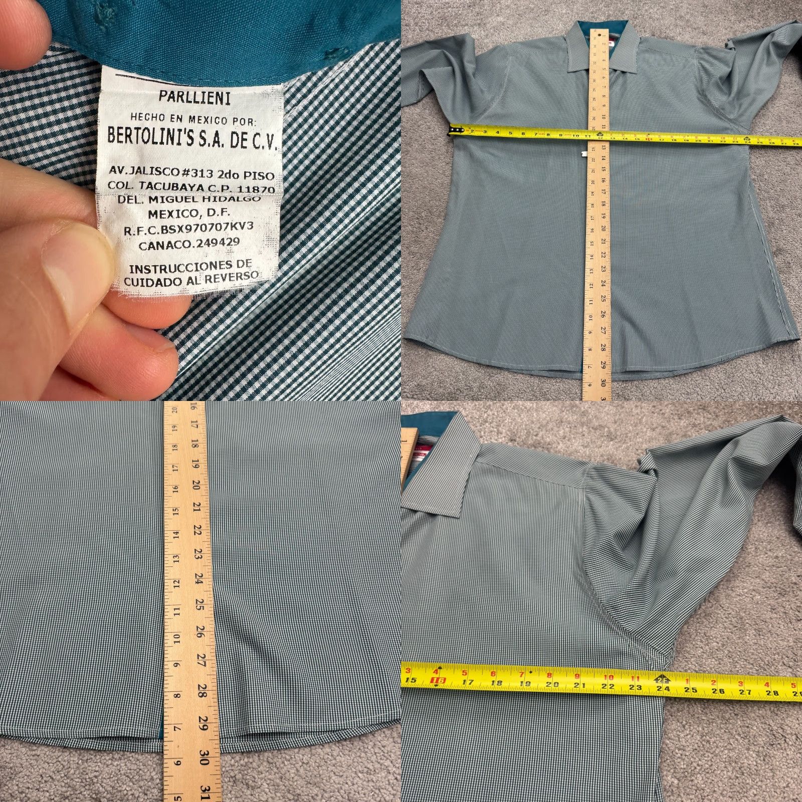 Vintage Parllieni Dress Shirt Mens 17.5 Green Gingham Cotton Blend Long Sleeve Work Casual Size 46R - 8 Thumbnail