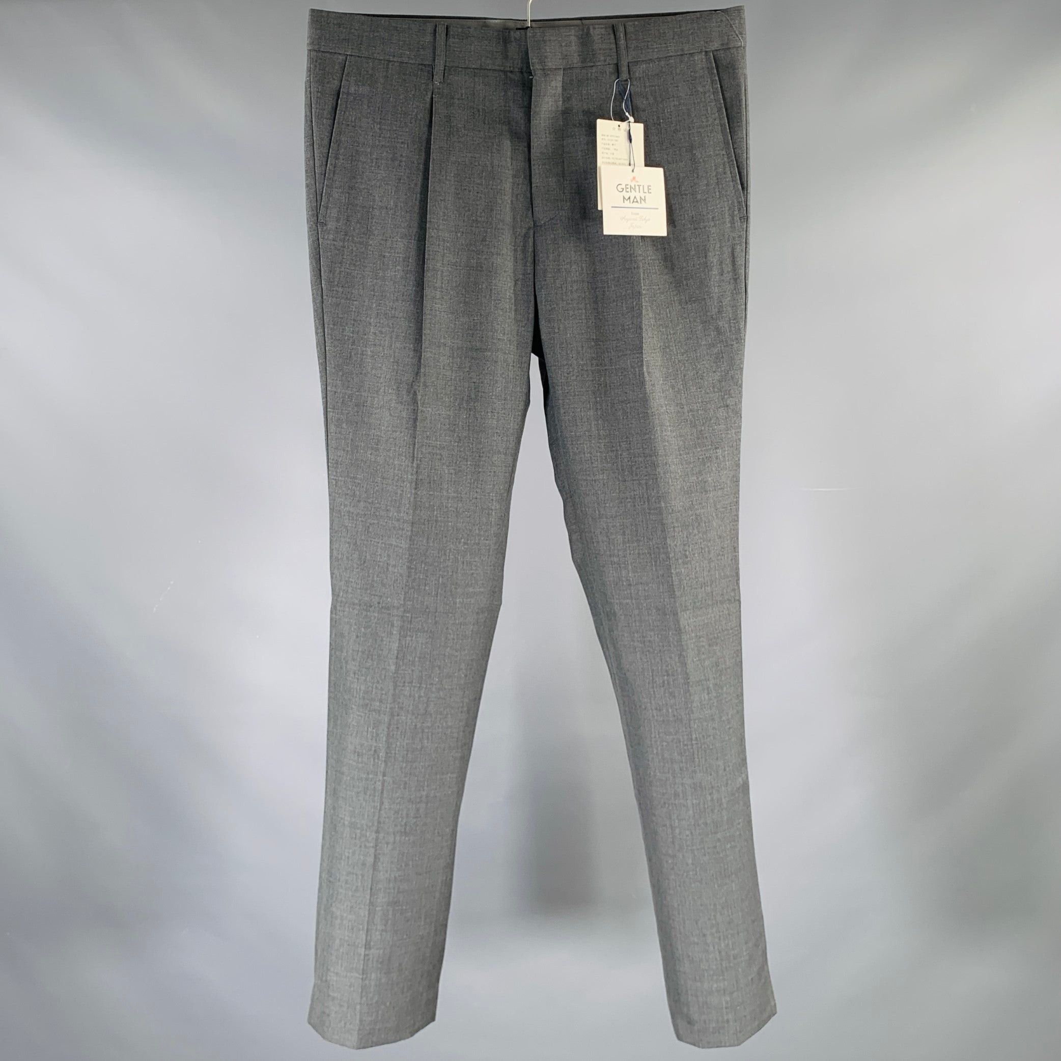 image of Mr Gentleman Grey Wool Blend Single Pleat Dress Pants, Men's (Size 32)