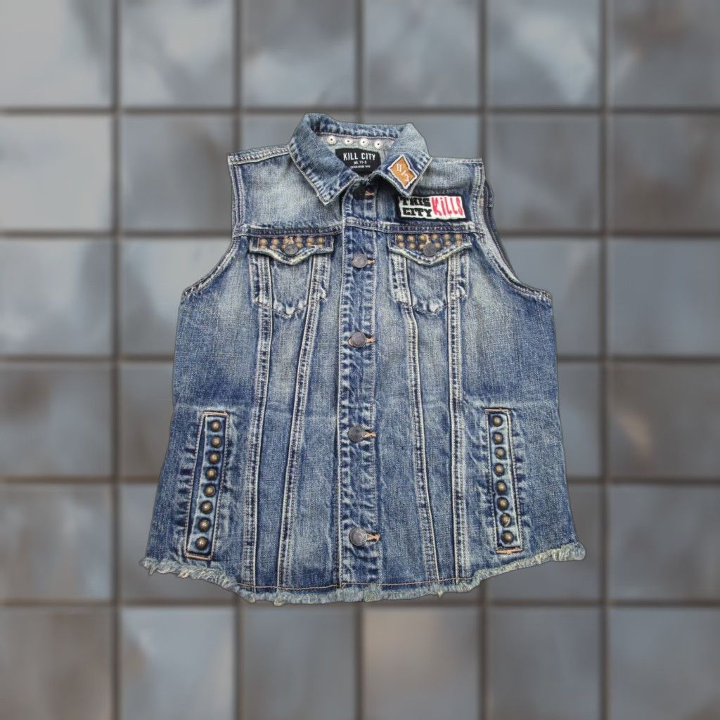 Denime Kill City Vest Womens M Blue Denim Sleeveless Jacket Jean Studded Punk Goth Size 32" / US 10 / IT 46 - 1 Thumbnail