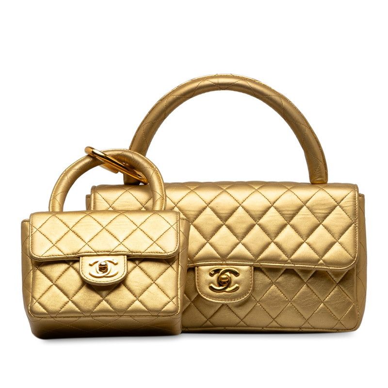 image of Chanel Quilted Leather Parent & Child Handbag Set in Gold, Women's