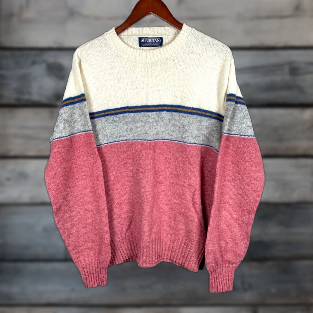Vintage VINTAGE Puritan Sweater Adult Large Red Ivory Striped 80s Shetland Wool Blend Knit Pullover Size US L / EU 52-54 / 3 - 1 Thumbnail