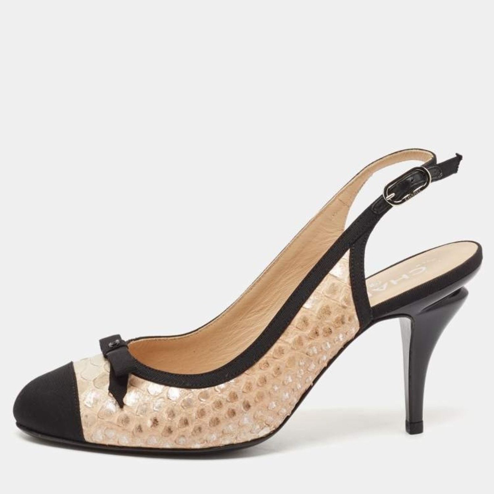 Chanel CHANEL Canvas Python Leather Bow Slingback Pump Sz. 36 Size US 6 / IT 36 - 1 Thumbnail