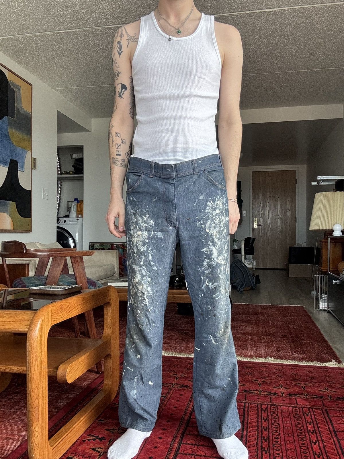 Vintage Distressed blue denim carpenter jeans with paint splatters Size US 34 / EU 50 - 1 Thumbnail