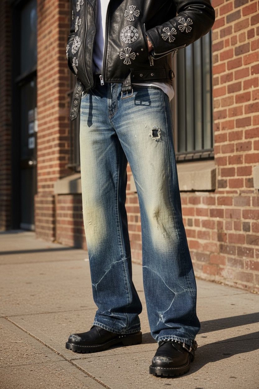 BUCKAROO 🔥Crash Wash Indigo Mudmax Punk Ripped Wide Leg Flare Size US 30 / EU 46 - 1 Thumbnail