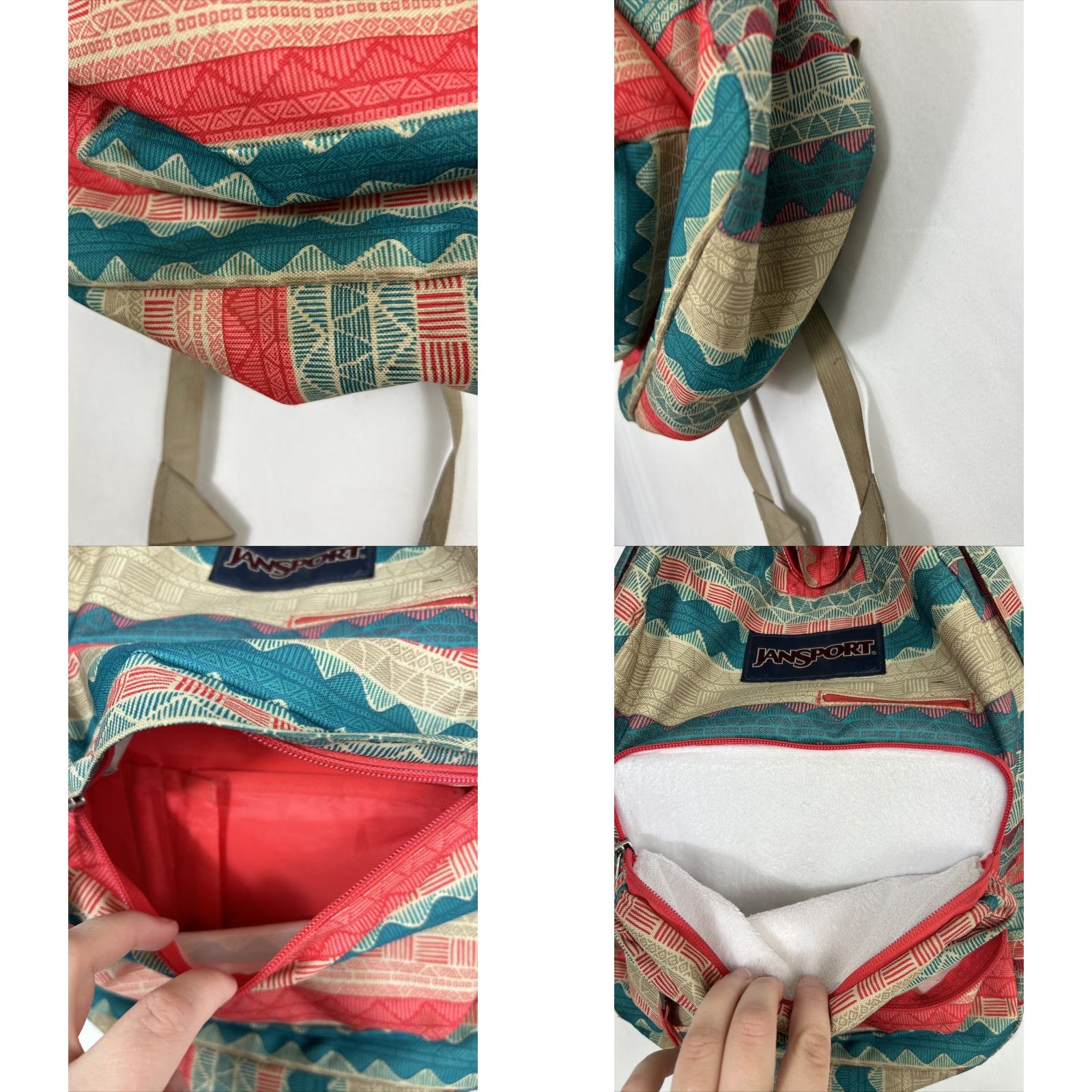 VINTAGE Jansport Backpack Unisex Digibreak Tan BOHO Stripe Coral Handle  16.5x12x10