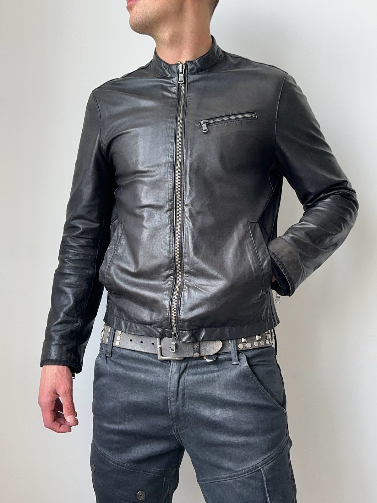 John Varvatos John Varvatos Classic Black Washed Leather Biker Jacket Size US M / EU 48-50 / 2 - 16 Thumbnail