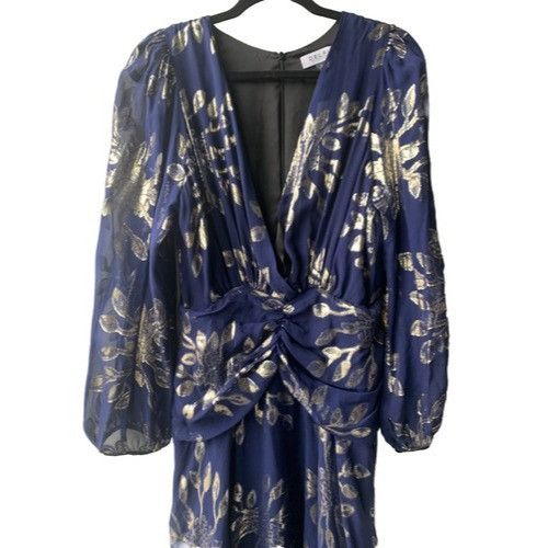 Anthropologie Anthropology DELFI Collective Navy and Silver Print Gown Lon Size L / US 10 / IT 46 - 1 Thumbnail