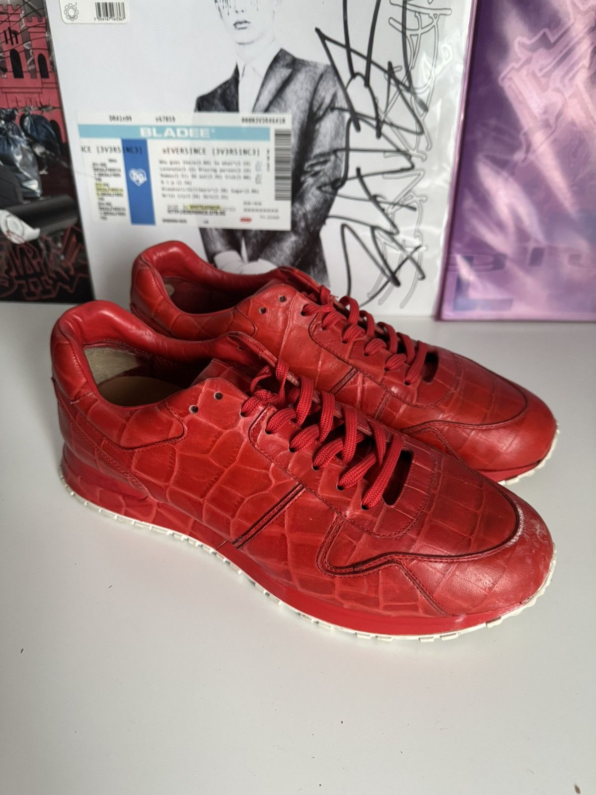 Louis Vuitton Louis Vuitton Red Crocodile Embossed Leather Sneakers Luxury Size US 7.5 / EU 40-41 - 5 Thumbnail