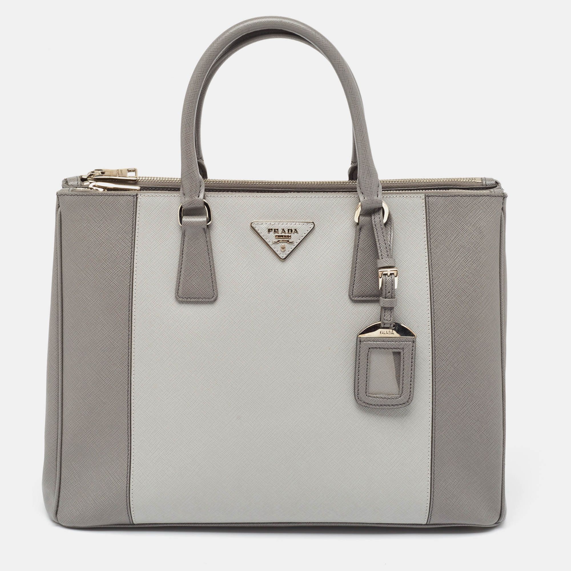 image of Prada Two Tone Grey Saffiano Leather Large Double Zip Tote, Women's