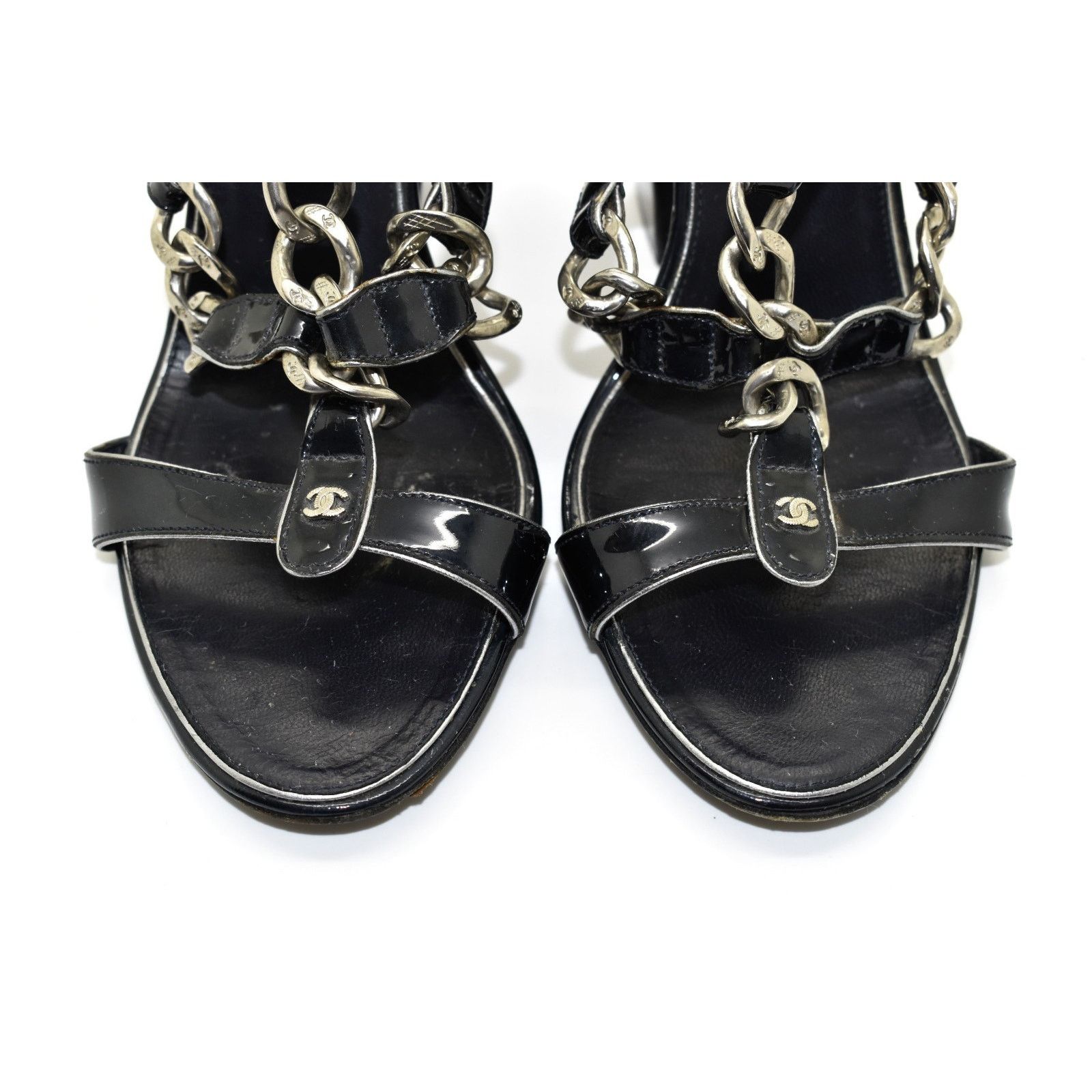 Chanel CHANEL Black Patent Calfskin T-strap Logo Sandals Sz 38 Size US 7.5 / IT 37.5 - 3 Thumbnail