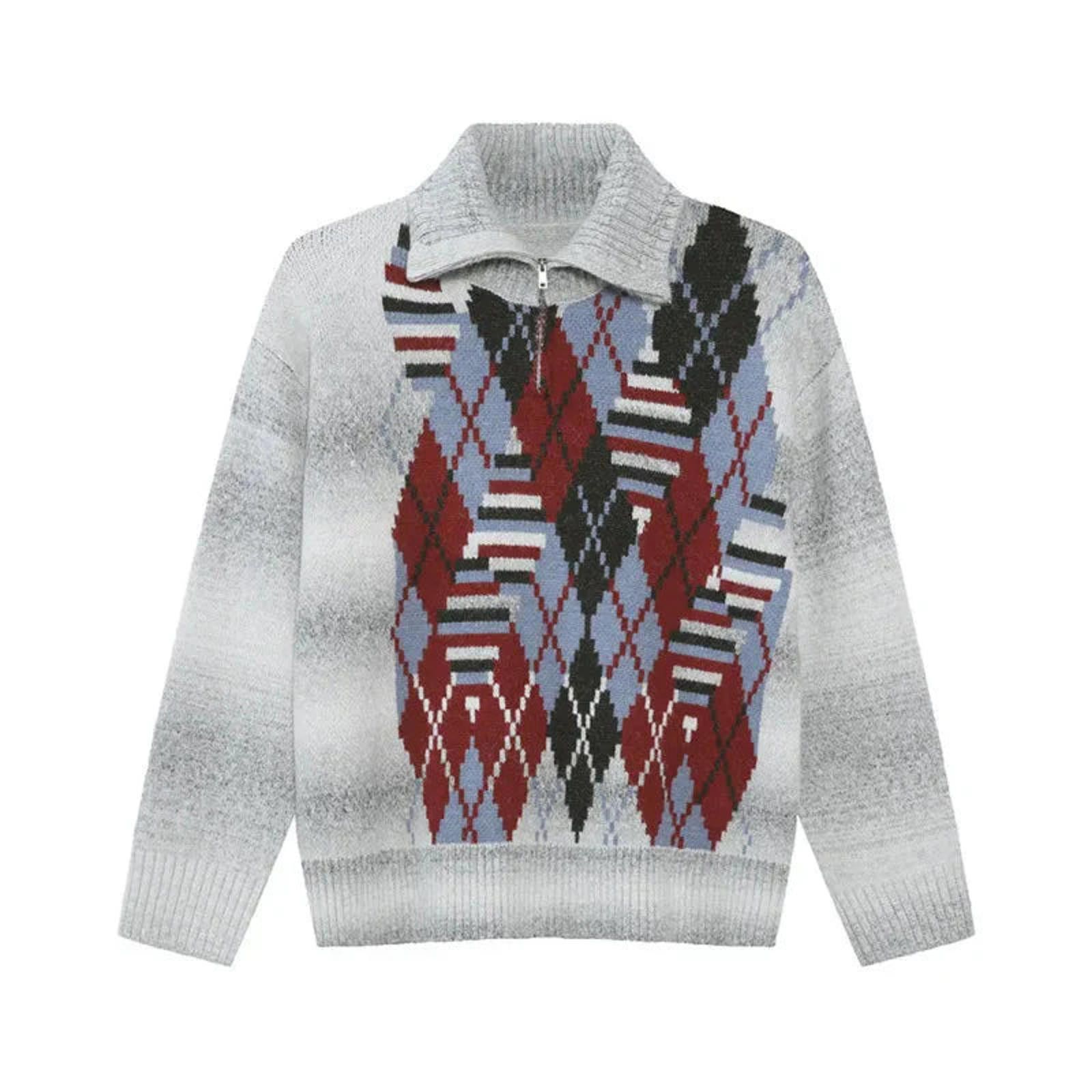Japanese Brand Pixel Argyle Zip Neck Sweater Size US M / EU 48-50 / 2 - 7 Thumbnail