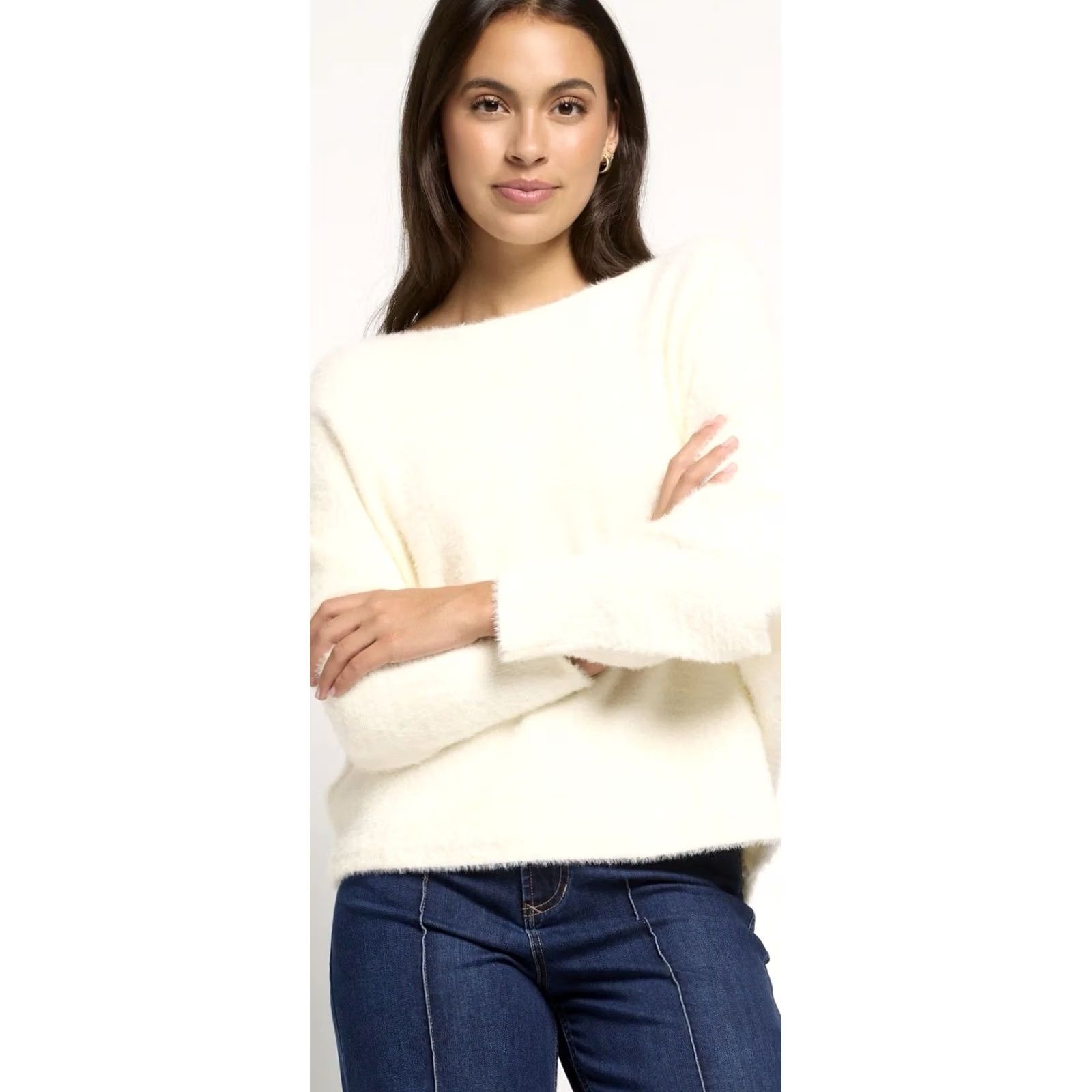 Coach ACOA Off The Shoulder White Fuzzy Sweater L Women Pullover, Cozy Eye-Lash Knit, New Size L / US 10 / IT 46 - 2 Thumbnail