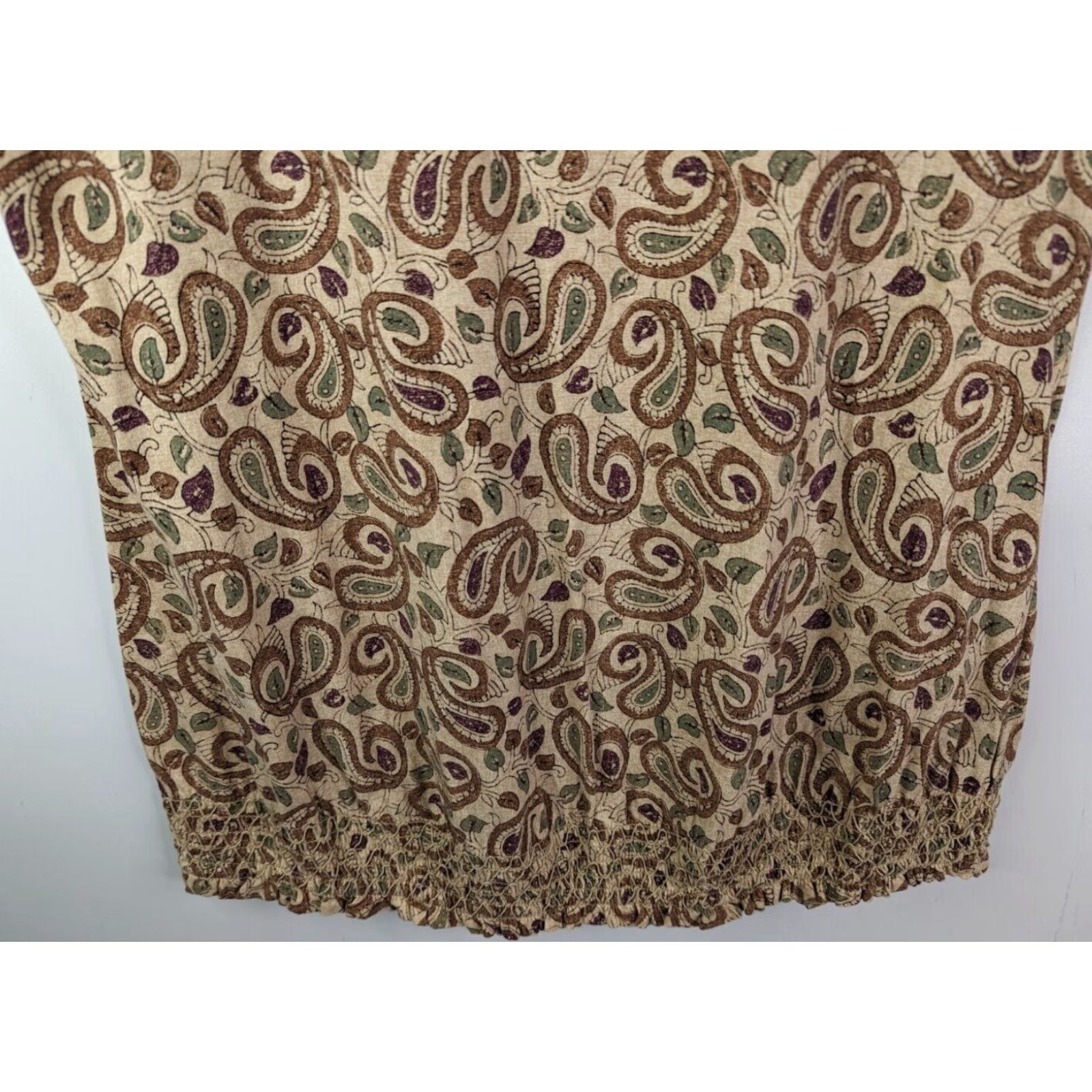 Ralph Lauren RALPH LAUREN LRL Tan Paisley Cotton Knit Faux Suede Trim Smocked Hem Top M Beige Womens Blouse Knit Cotton Short Sleeves Boat Neck Casual 90s? Size M / US 6-8 / IT 42-44 - 3 Thumbnail