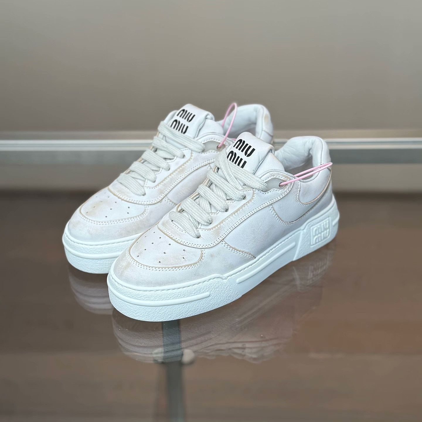 Miu Miu Miu Miu Distressed White Lowtop Sneakers 36 Women Size US 6 / IT 36 - 1 Thumbnail