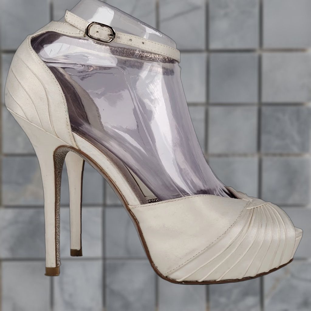 Adrianna Papell Adrianna Papell Women's Samoa Pump US 7 M Ivory Satin Peep Toe Stiletto Buckle Adjustable Strap Size US 7 / IT 37 - 1 Thumbnail