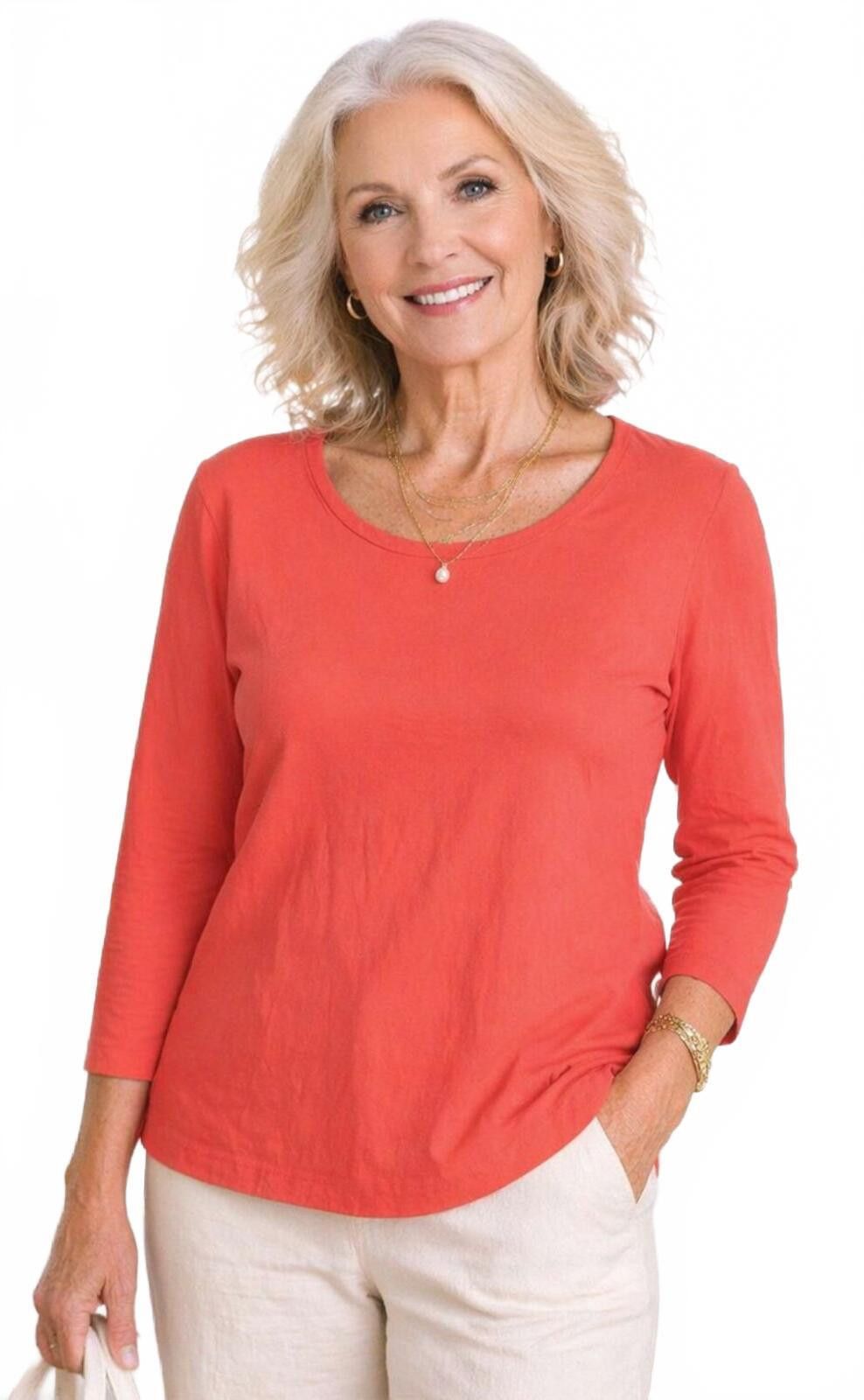 Chicos Chicos Coral 3/4 Sleeve Cotton Blend Top Size 0 Chico Sizing Size ONE SIZE - 1 Thumbnail