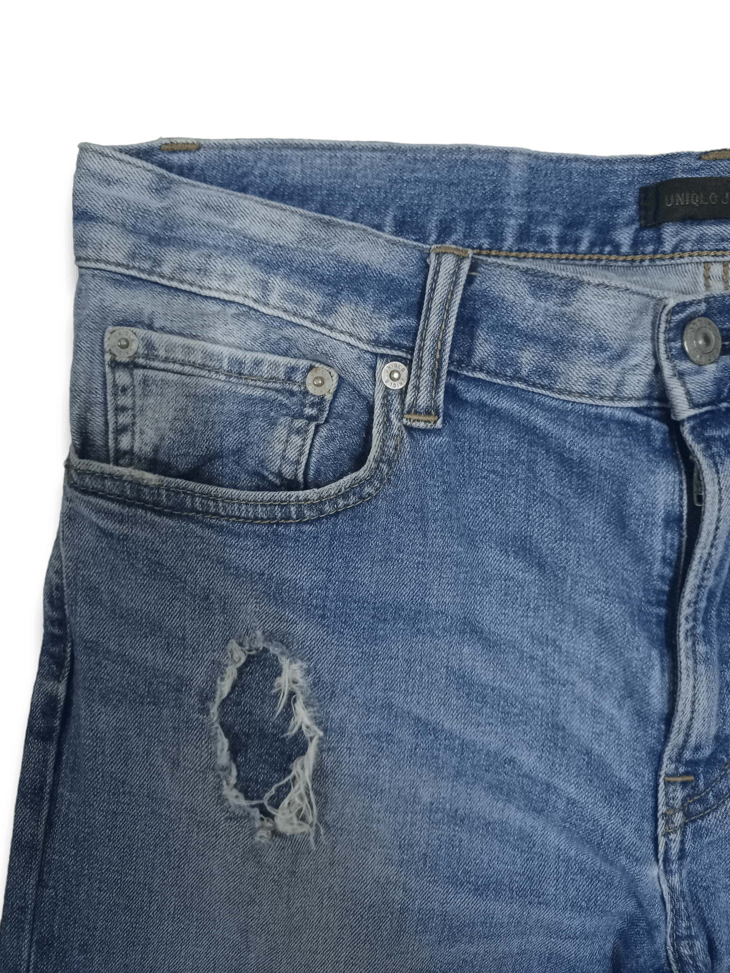 Japanese Brand × Uniqlo Vintage Uniqlo Blue Wash Distressed Patched Jeans 33x28 Size US 33 - 6 Thumbnail