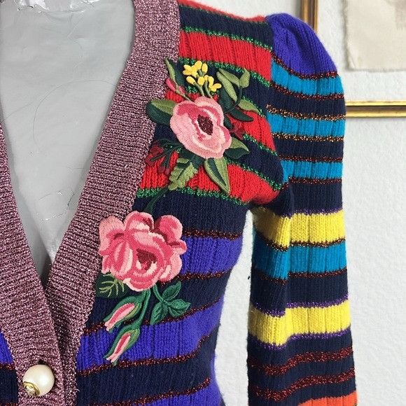 Gucci Gucci Multicolor Metallic Striped Cardigan Floral Patches Pe Size XS / US 0-2 / IT 36-38 - 4 Thumbnail