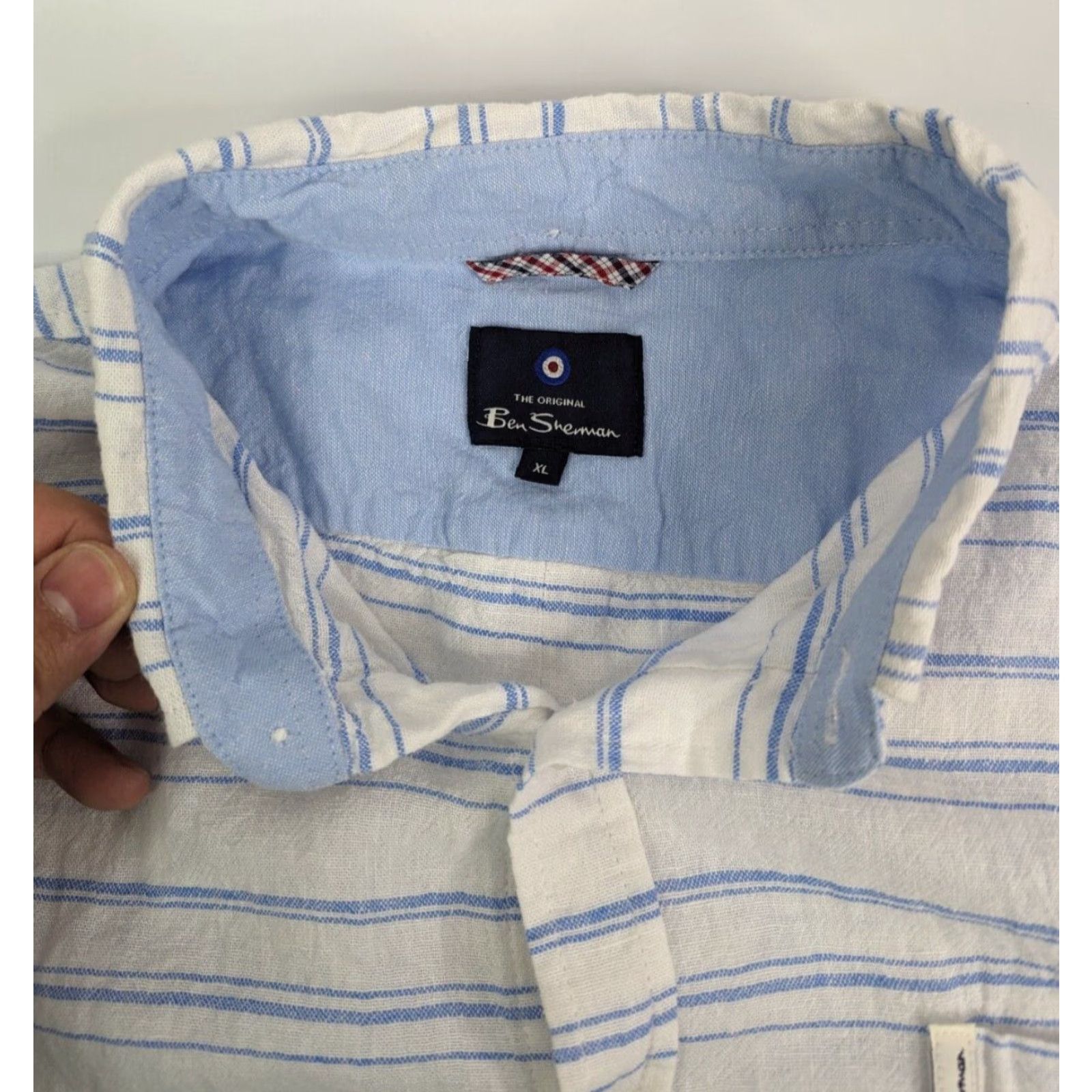 Ben Sherman Ben Sherman Shirt Button-Down Short Sleeve Linen Rayon Striped White Blue XL Mens Size US XL / EU 56 / 4 - 7 Thumbnail
