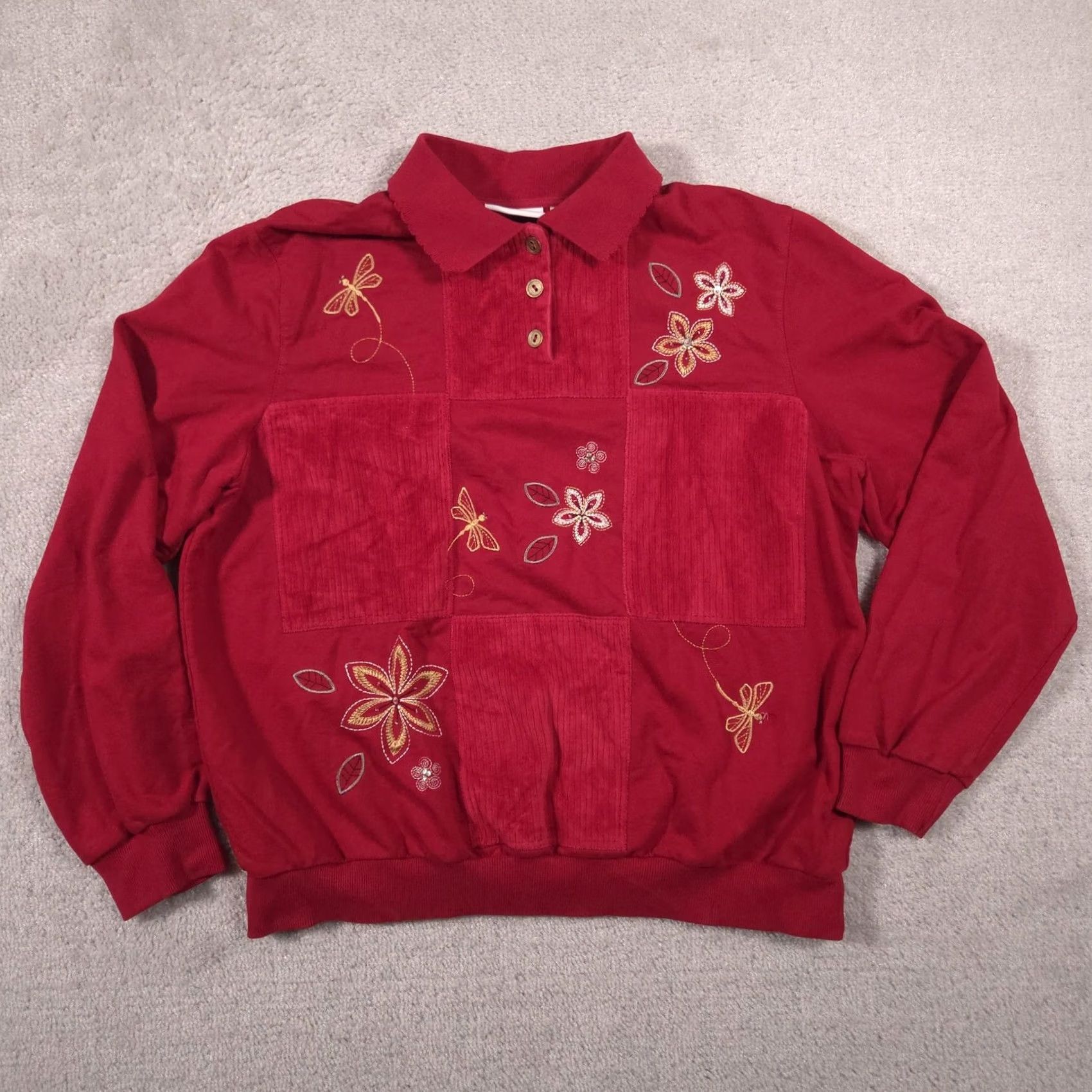 Vintage Alfred Dunner Sweater Womens Large Red Collared Floral Embroidered Knit Pullover Size L / US 10 / IT 46 - 2 Thumbnail