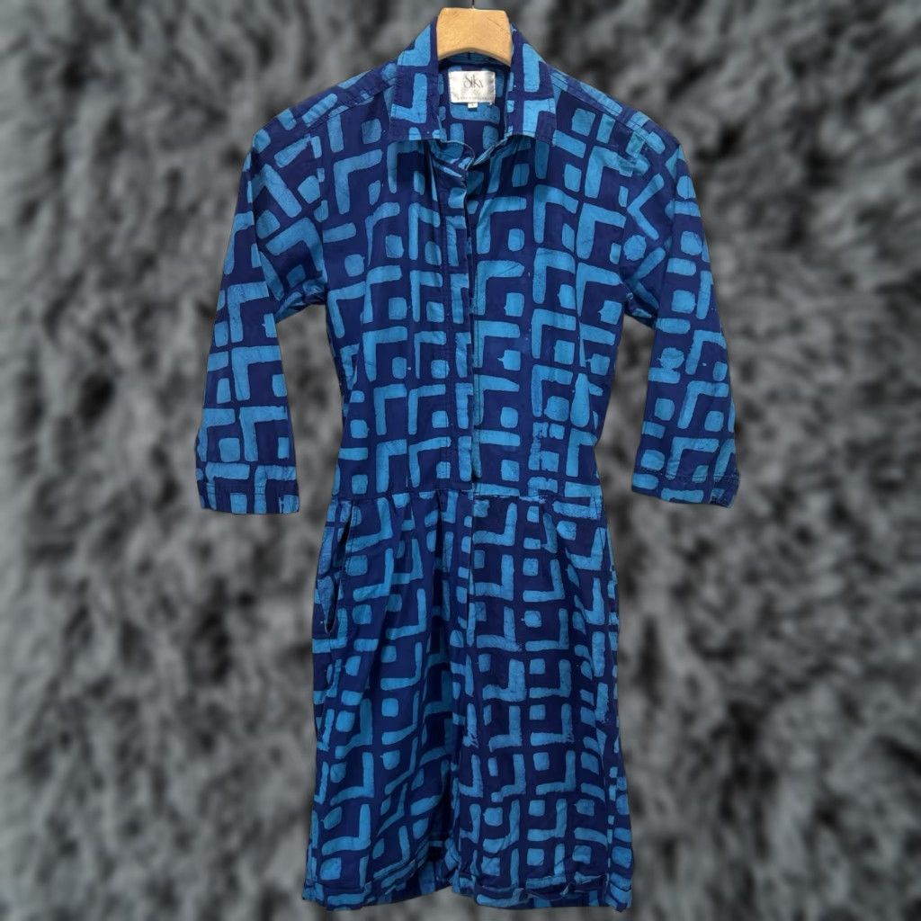 Anthropologie Anthropologie Sika Women Romper Shorts 6 Blue Geometric 3/4 Sleeve Button Pockets Dressy Woven Size 28" / US 6 / IT 42 - 1 Thumbnail