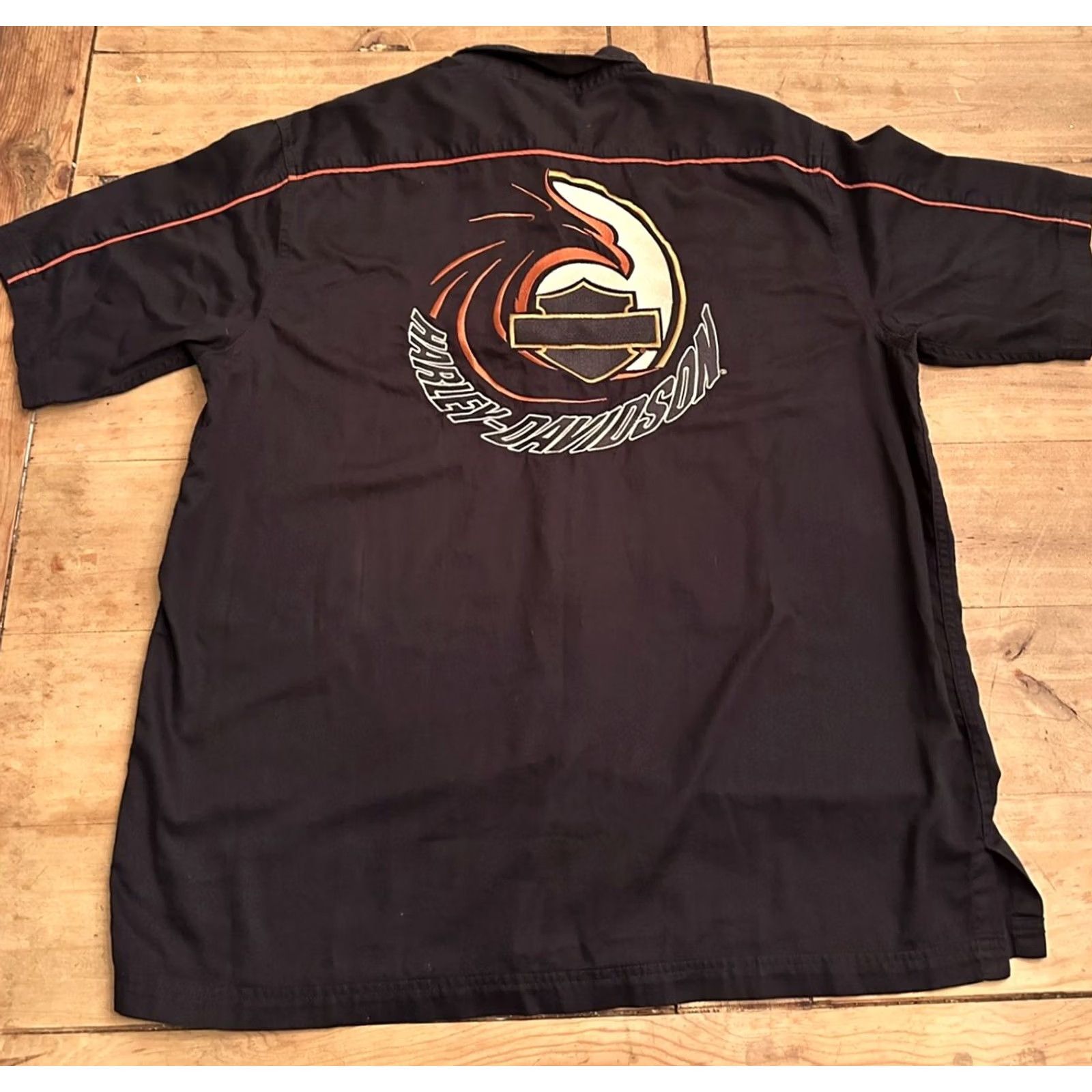 Harley Davidson Harley-Davidson Button-Up Shirt Short Sleeve Black Large Lg Men USA Western Y2K Graphics Back Pocket Logo Embroidered Size US 33 - 2 Thumbnail
