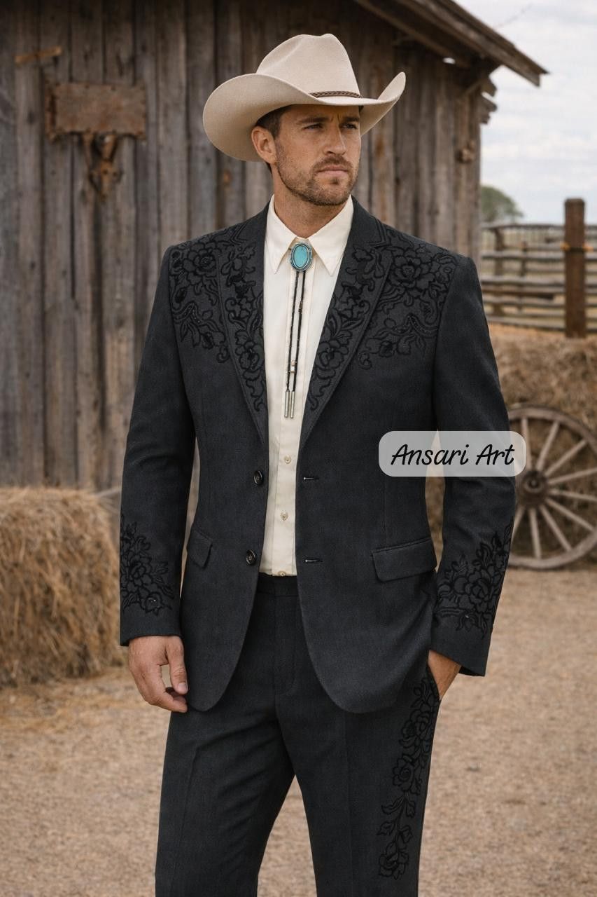 Other Men 2Pc Deep Charcoal Floral Embroidered Cowboy Nudie Suit Size 42L - 1 Thumbnail