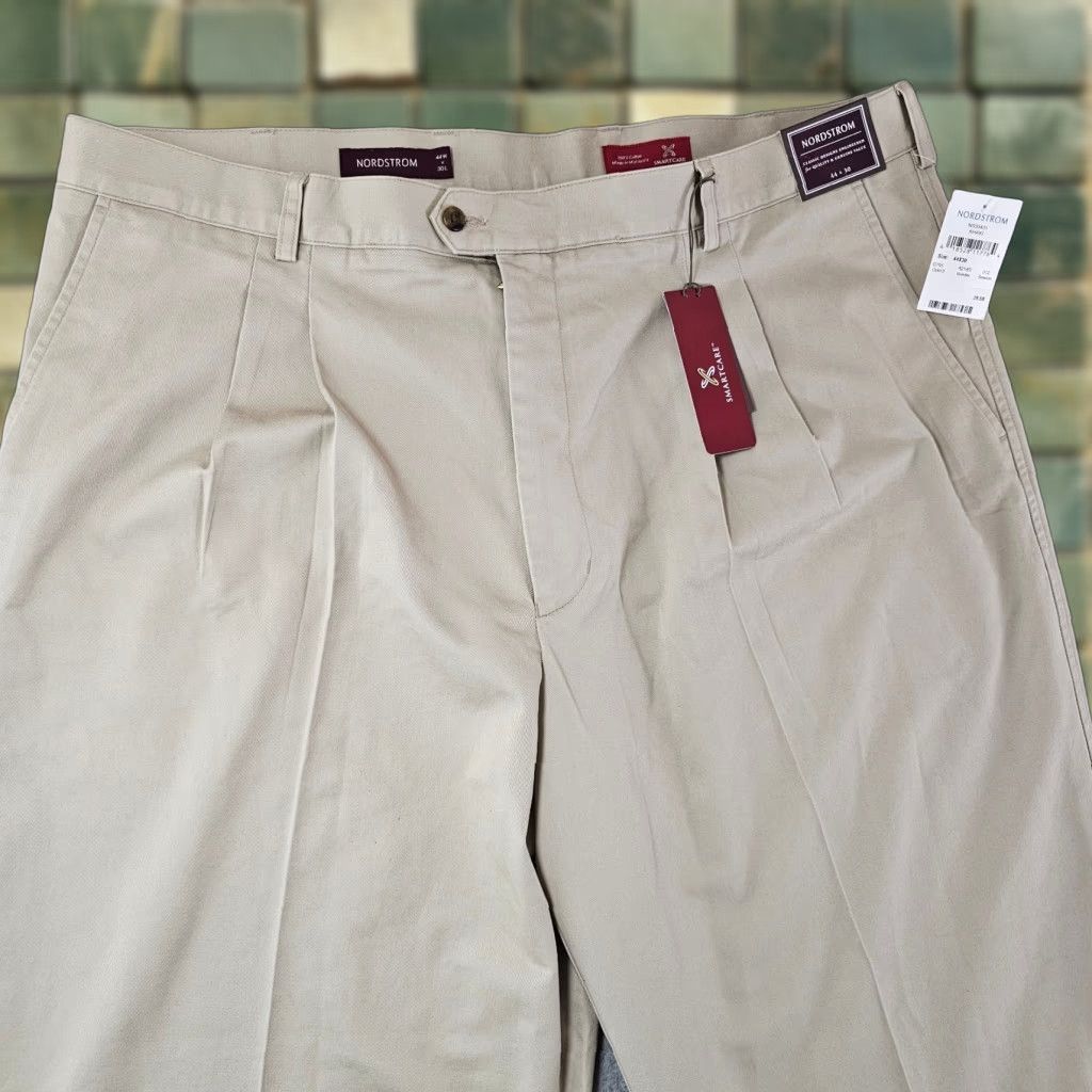 Nordstrom Nordstrom Mens Dress Pants 44x30 Khaki Twill Pleated Cotton Classic Straight Belt Loops Pockets Size US 44 / EU 60 - 1 Thumbnail