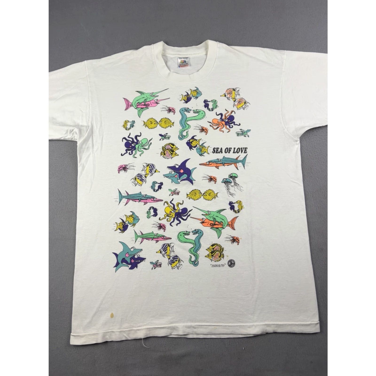 Fruit Of The Loom VINTAGE Fruit of the Loom T-Shirt Sea Of Love Funny 90s White XL Men Short Sleeve Crew Neck Graphic Print Cotton Regular Size US XL / EU 56 / 4 - 2 Thumbnail